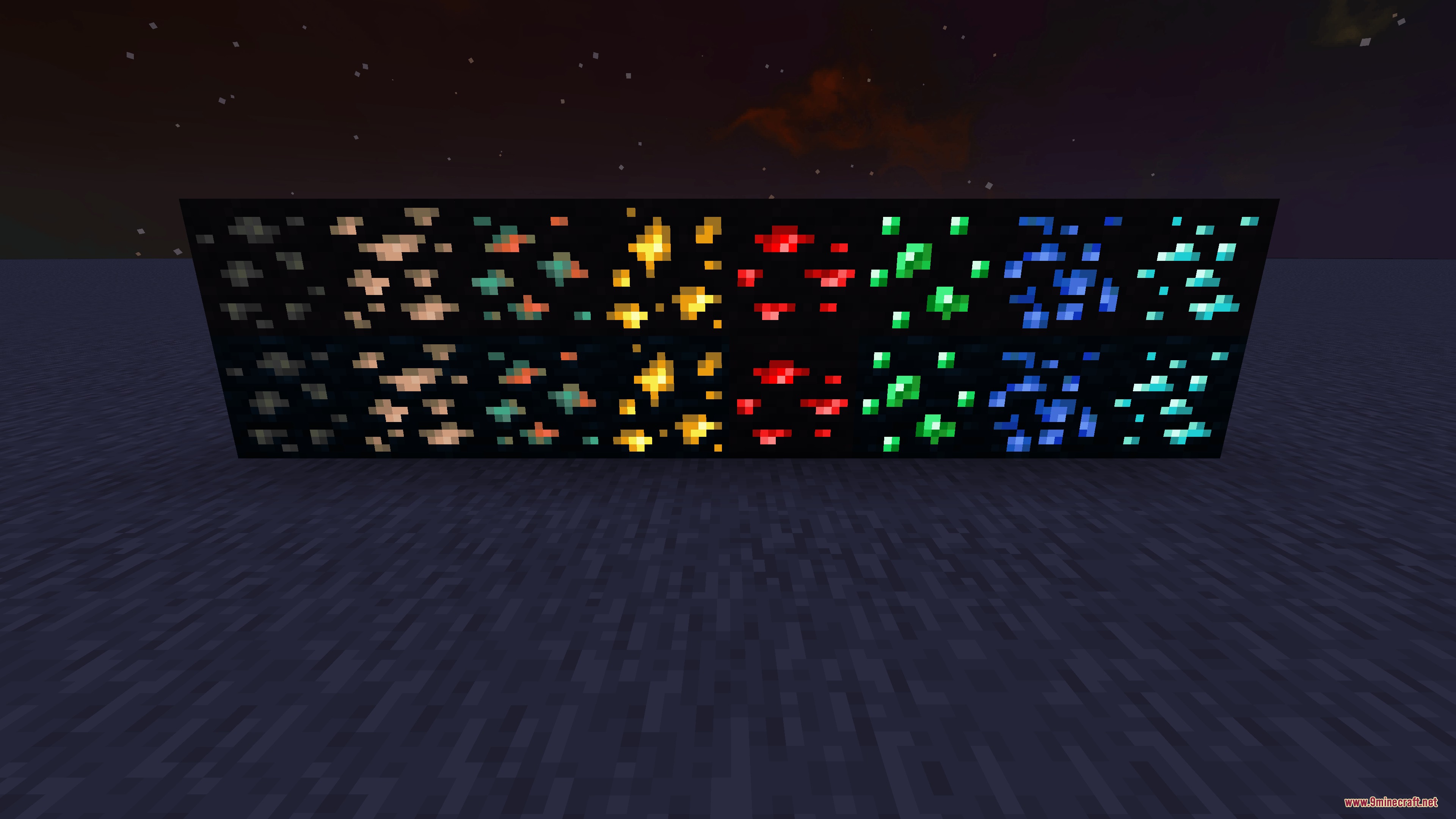 Glowing Emissive Ores Definitive Edition Mod Screenshot 3 Two rows of various glowing Minecraft ore blocks displayed in a dark setting