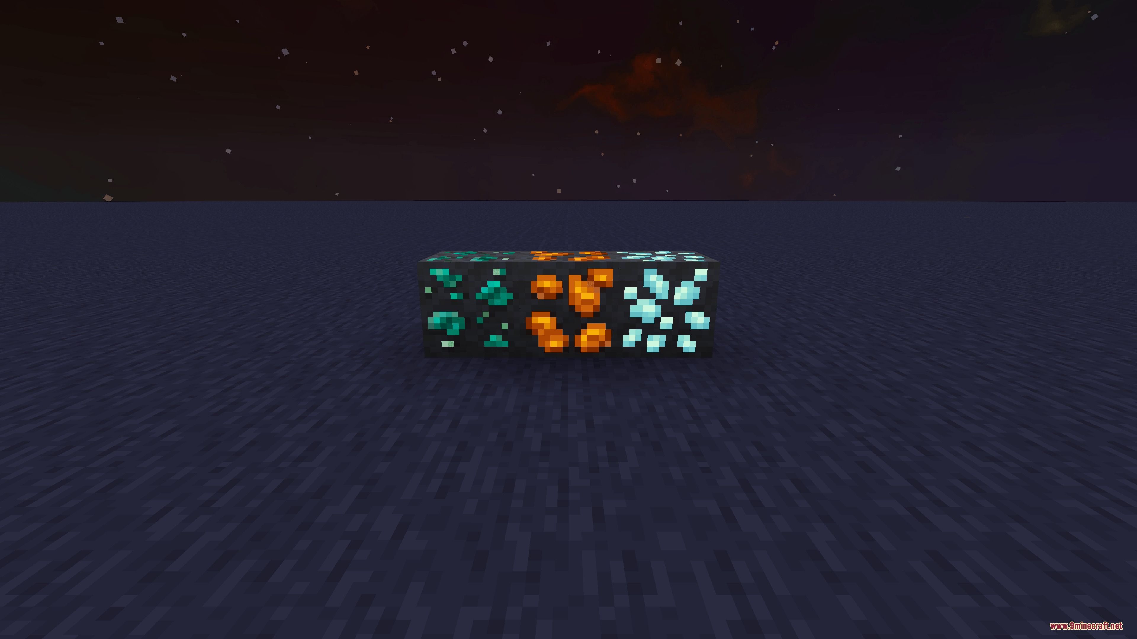 Glowing Emissive Ores Definitive Edition Mod Screenshot 4 Three different glowing ore blocks placed on the ground in a dark environment