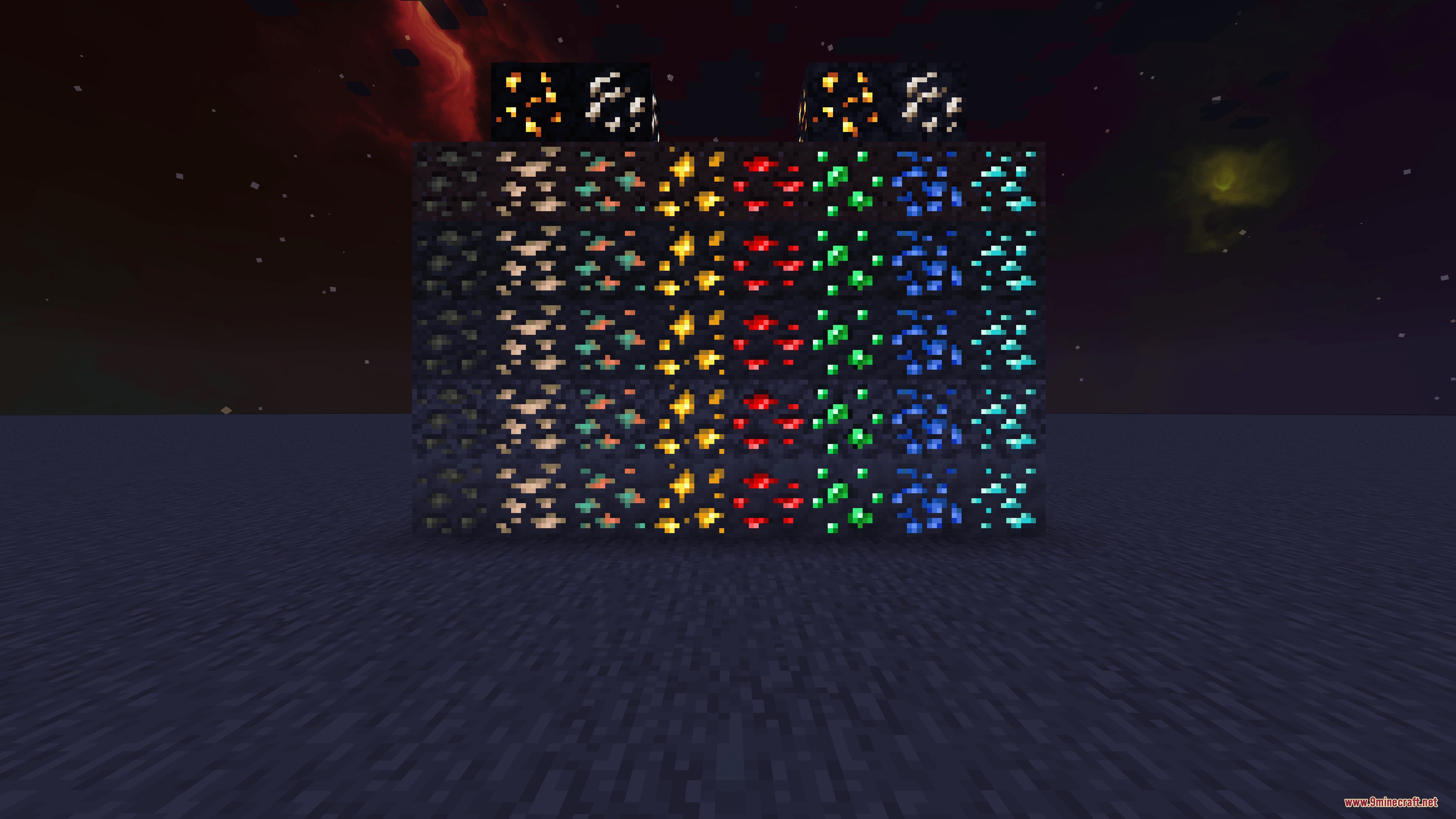 Glowing Emissive Ores Definitive Edition Mod Screenshot 6 A large wall displaying many different types of glowing ore blocks