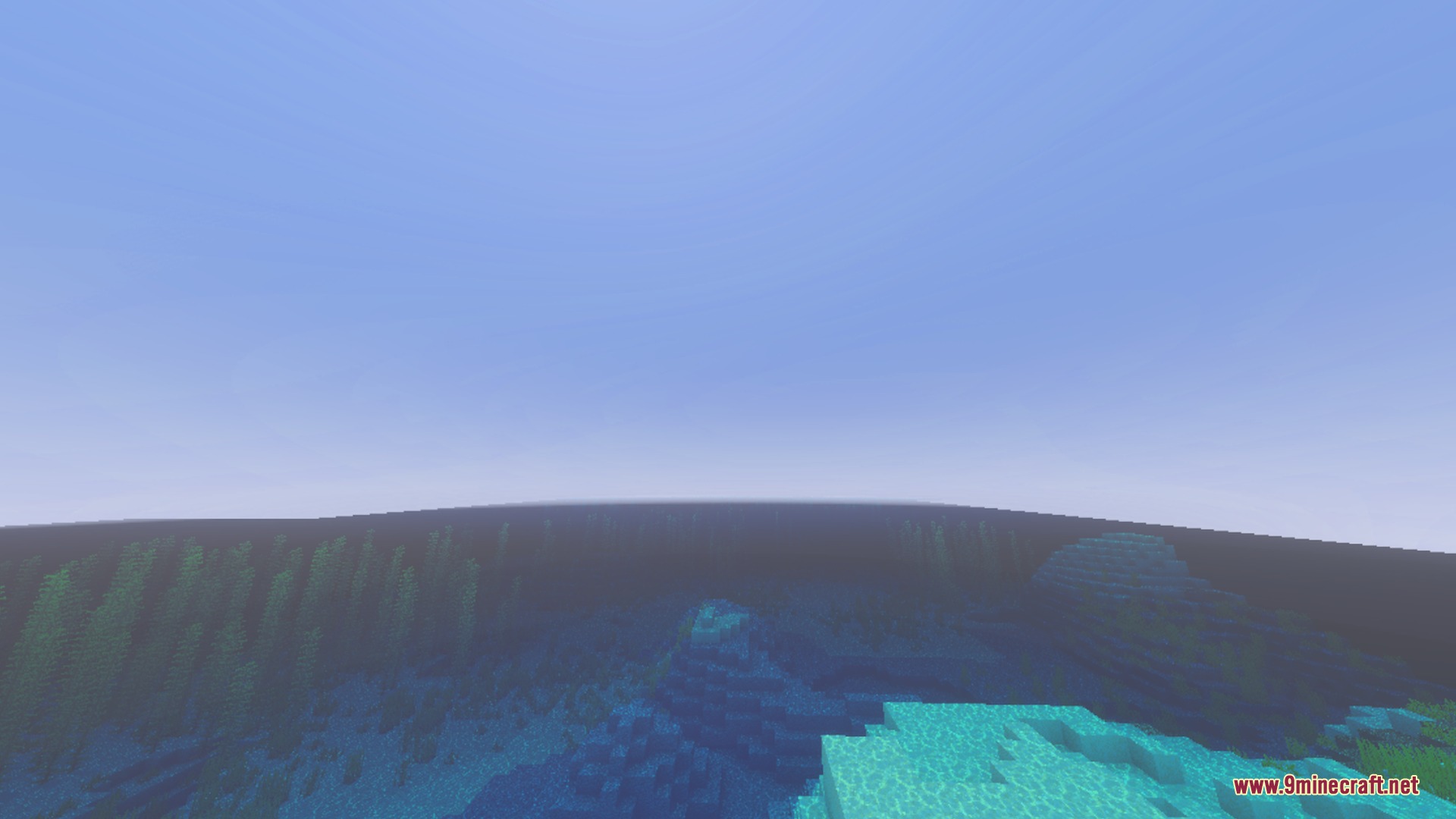 Glowing Ores Plus Shader Screenshot 1 An underwater view of a deep ocean biome with kelp and sand
