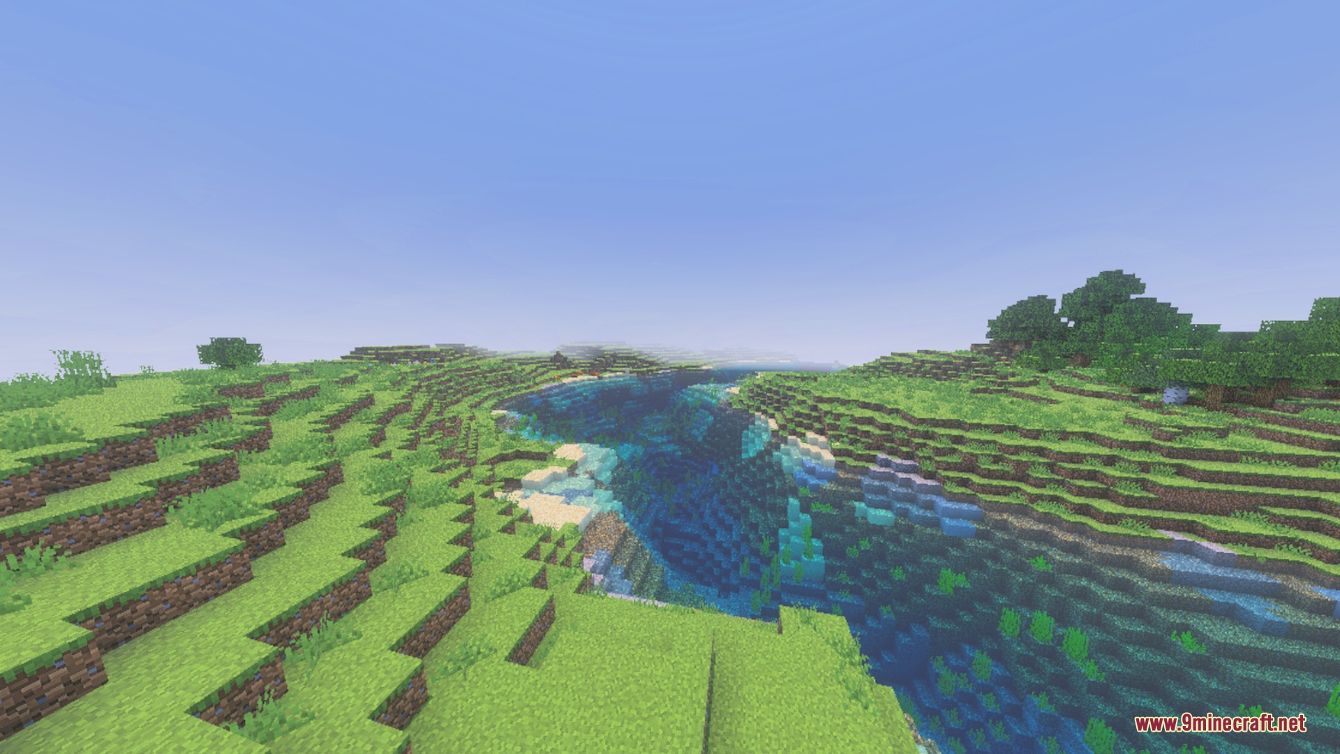 Glowing Ores Plus Shader Screenshot 4 A scenic green landscape with a winding river under a clear sky