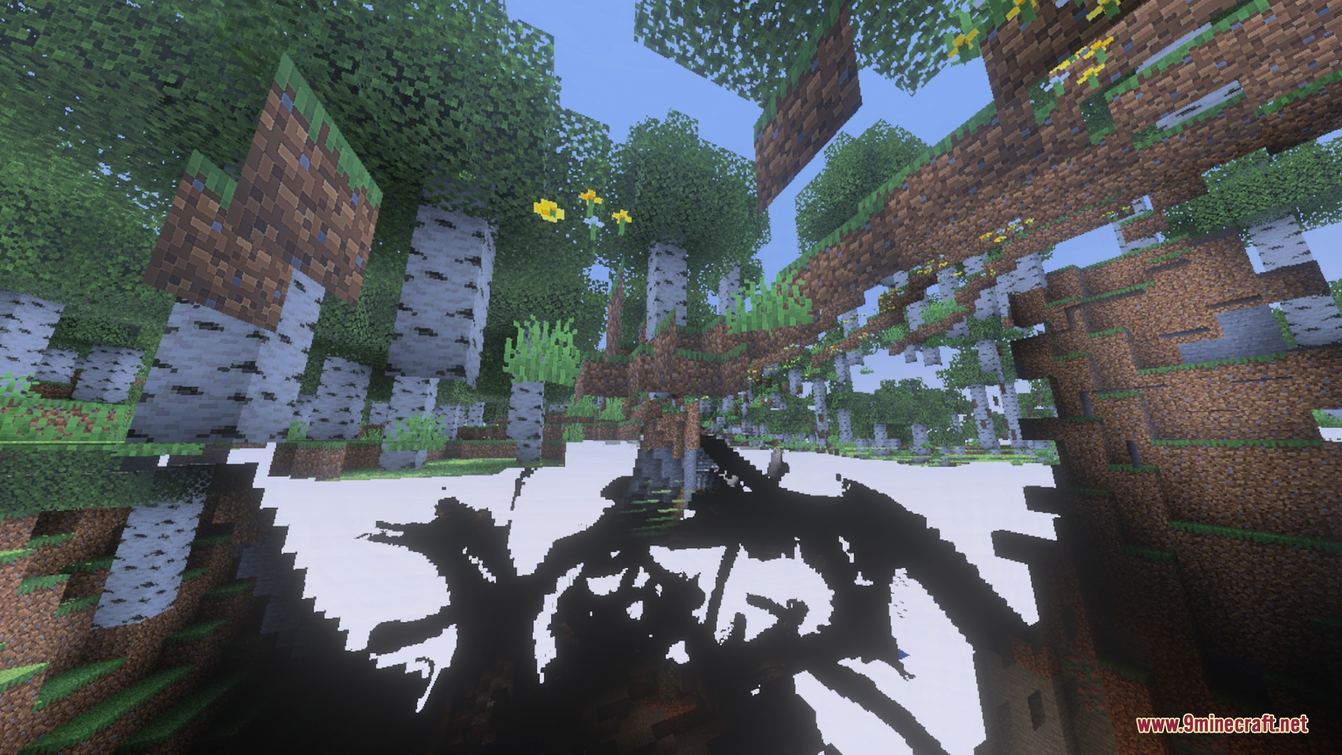 Glowing Ores Plus Shader Screenshot 7 Surreal Minecraft landscape featuring floating birch trees and distorted black and white terrain