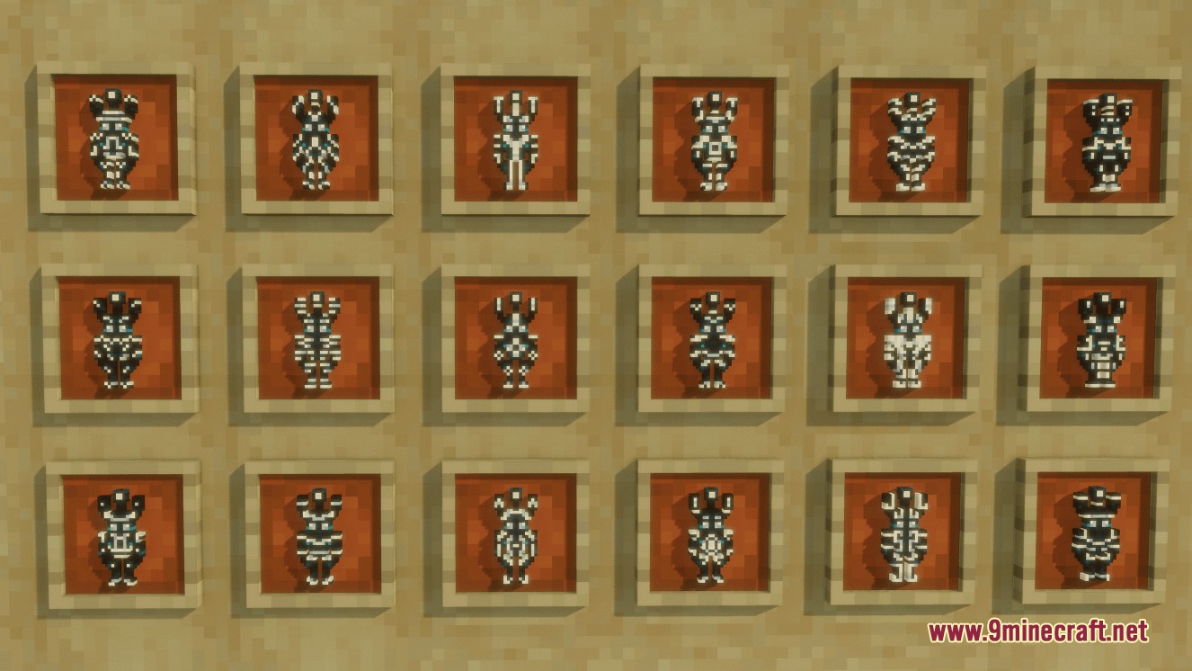 Glowing Trim Totem Resource Pack Screenshot 2 A grid of item frames displaying different white totem trim designs on a wall