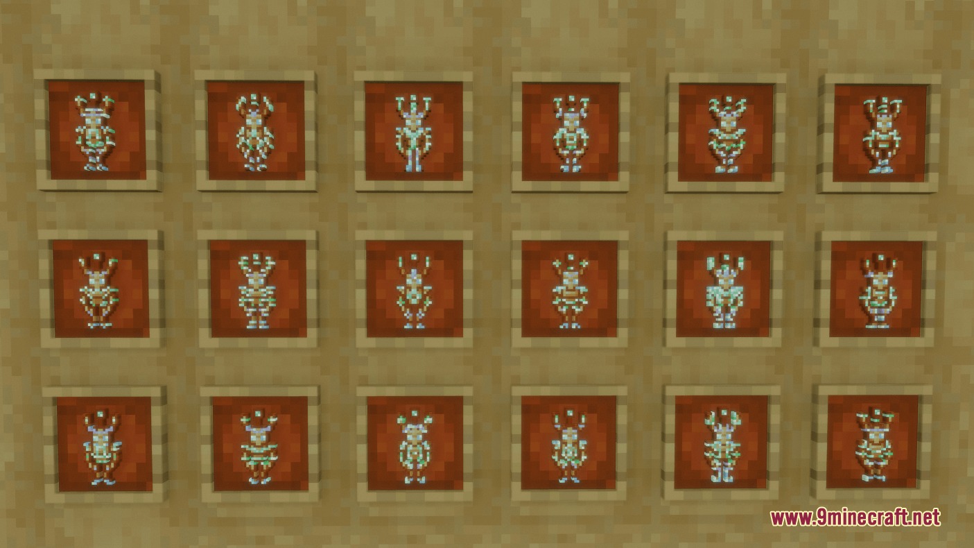 Glowing Trim Totem Resource Pack Screenshot 3 Eighteen custom glowing totems with unique trim patterns displayed in item frames