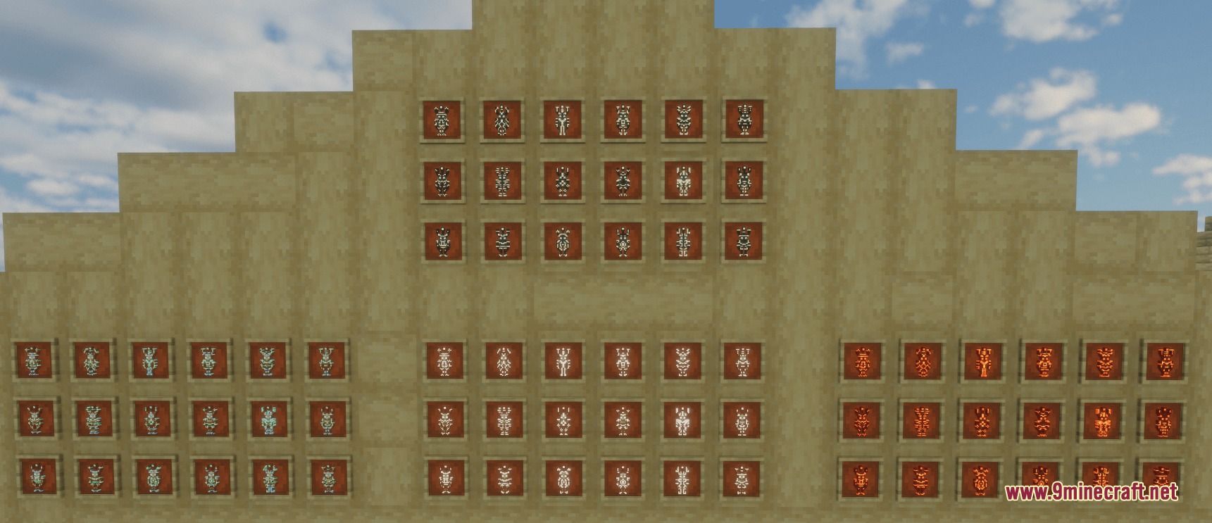 Glowing Trim Totem Resource Pack Screenshot 4 A large display showcasing various designs from the Glowing Trim Totem Resource Pack