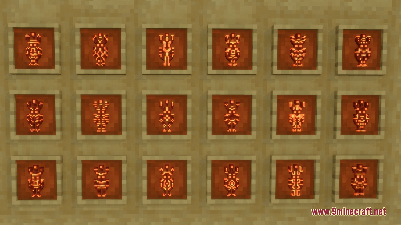 Glowing Trim Totem Resource Pack Screenshot 5 A grid of item frames on a wall displaying glowing totem designs