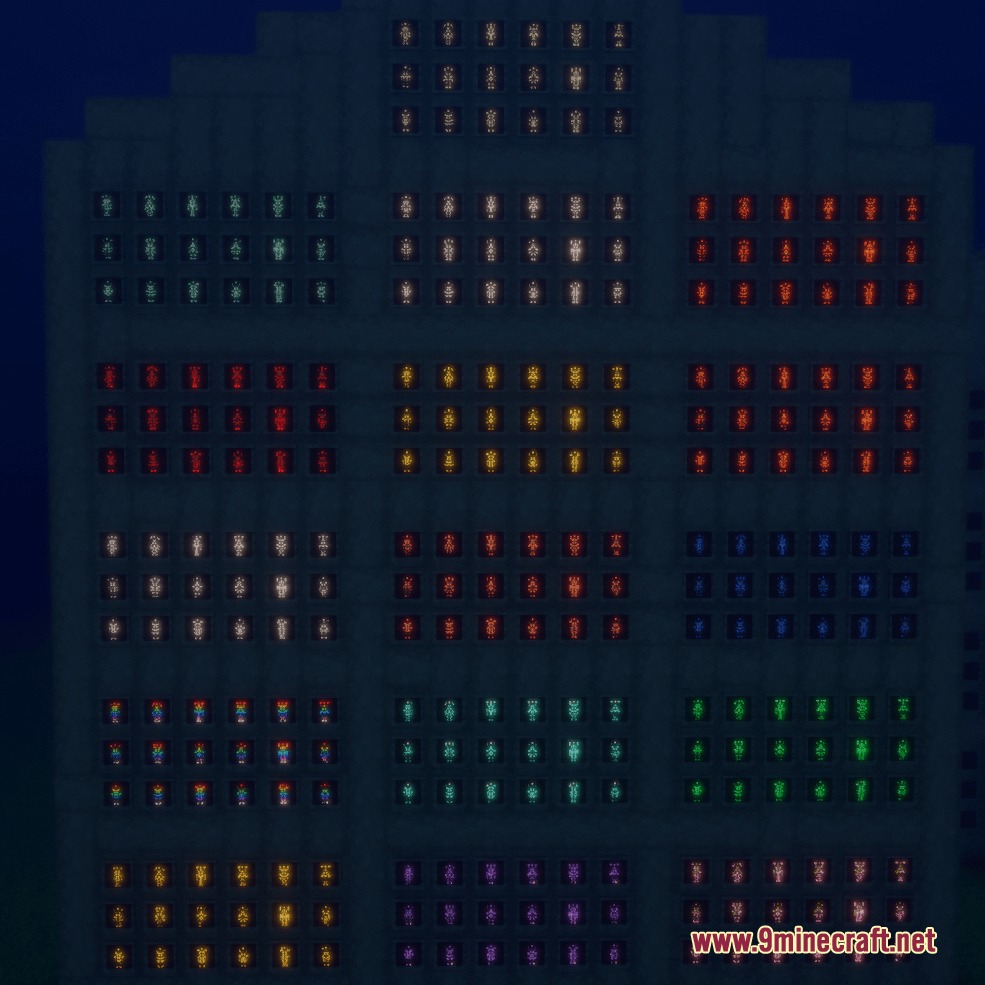 Glowing Trim Totem Resource Pack Screenshot 7 Glowing Trim Totems with different colors and patterns displayed in the dark