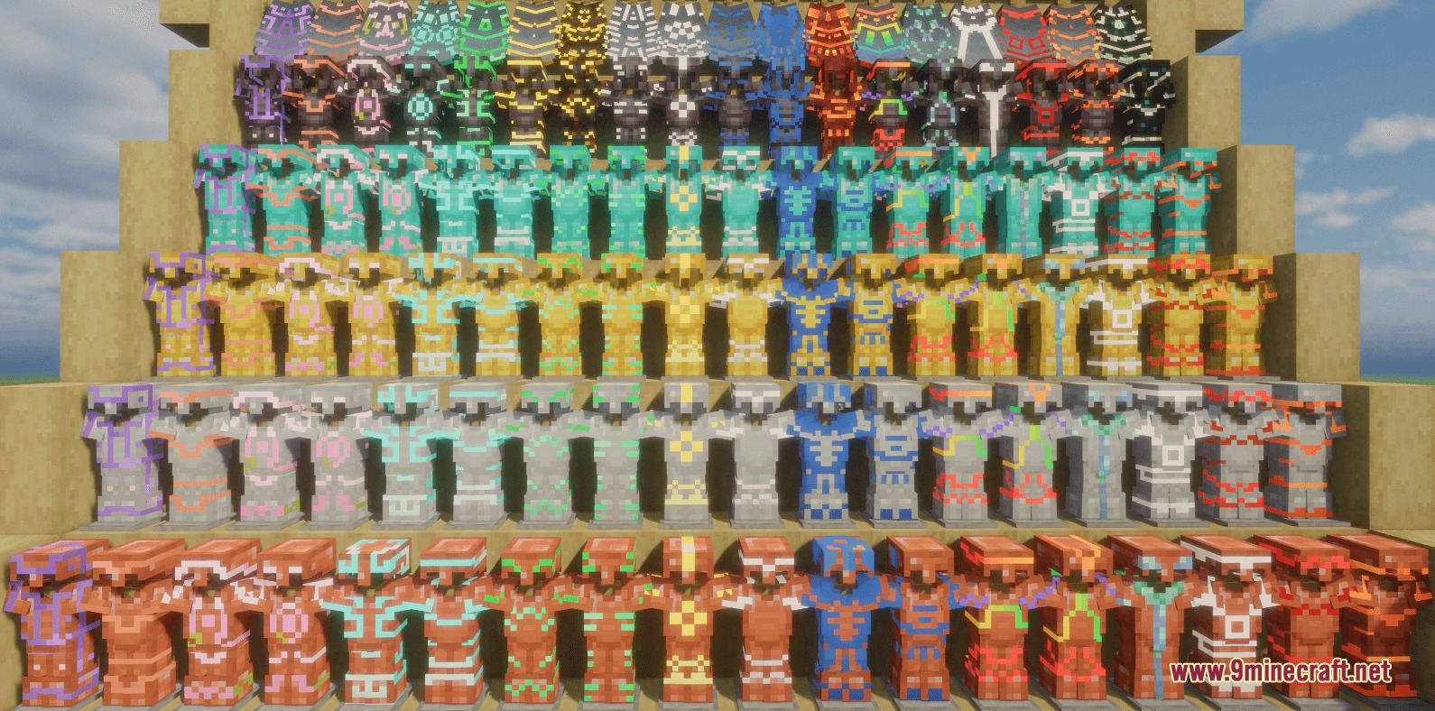 Glowing Trim Ultimate Resource Pack Screenshot 2 Rows of armor stands displaying a wide variety of colorful glowing trim patterns