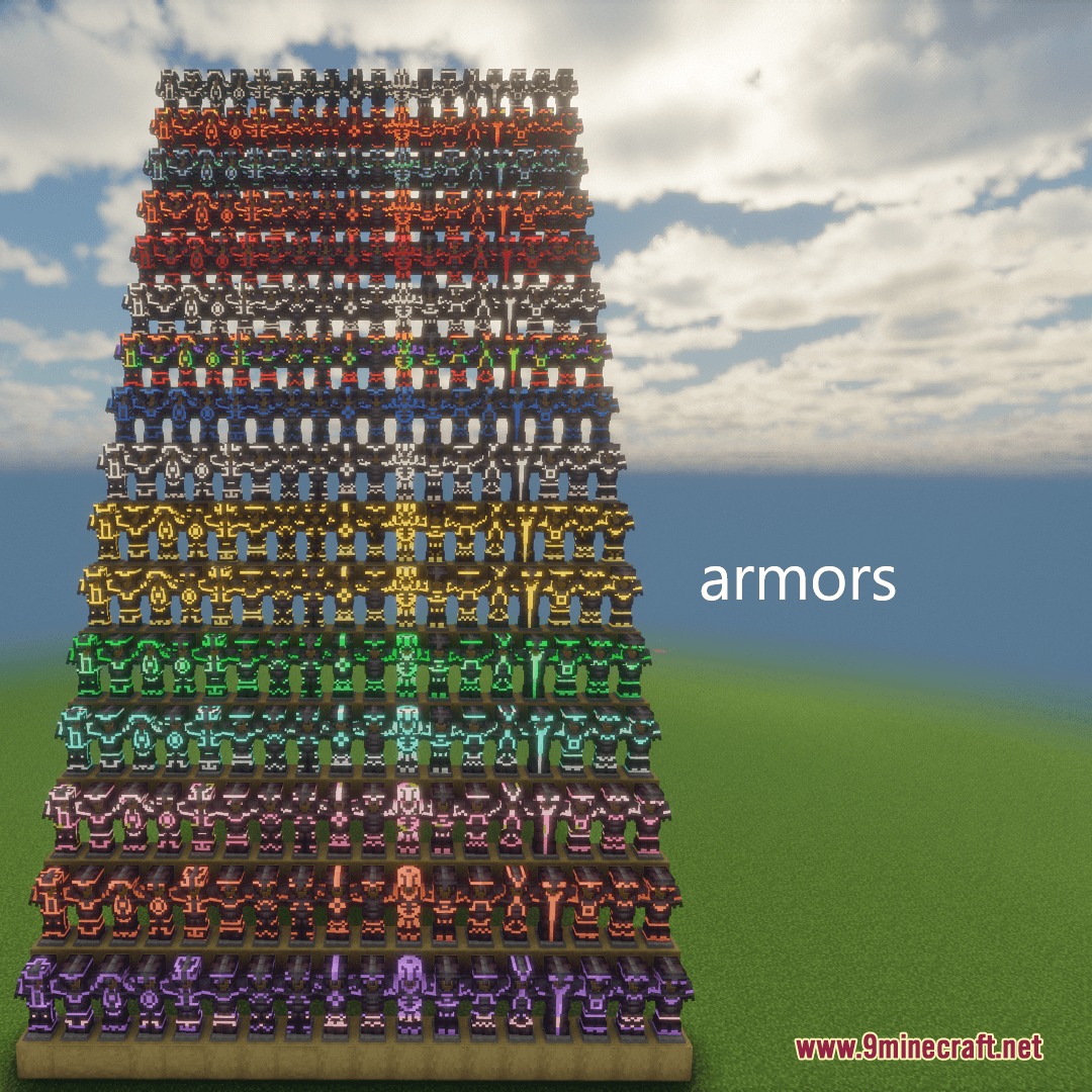 Glowing Trim Ultimate Resource Pack Screenshot 3 Many rows of armor stands displaying armor sets with colorful glowing trims
