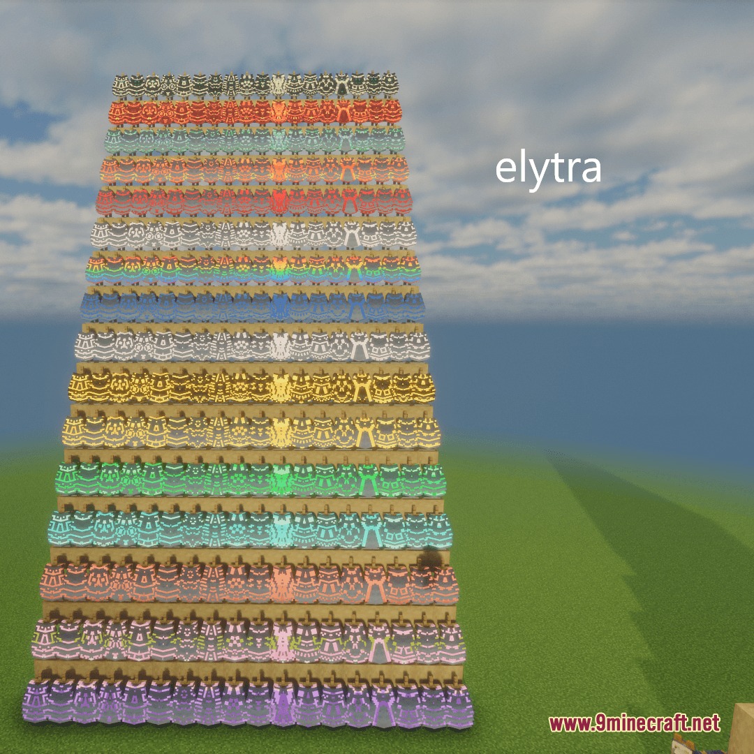 Glowing Trim Ultimate Resource Pack Screenshot 4 Rows of armor stands showcasing many different glowing trim patterns for elytra