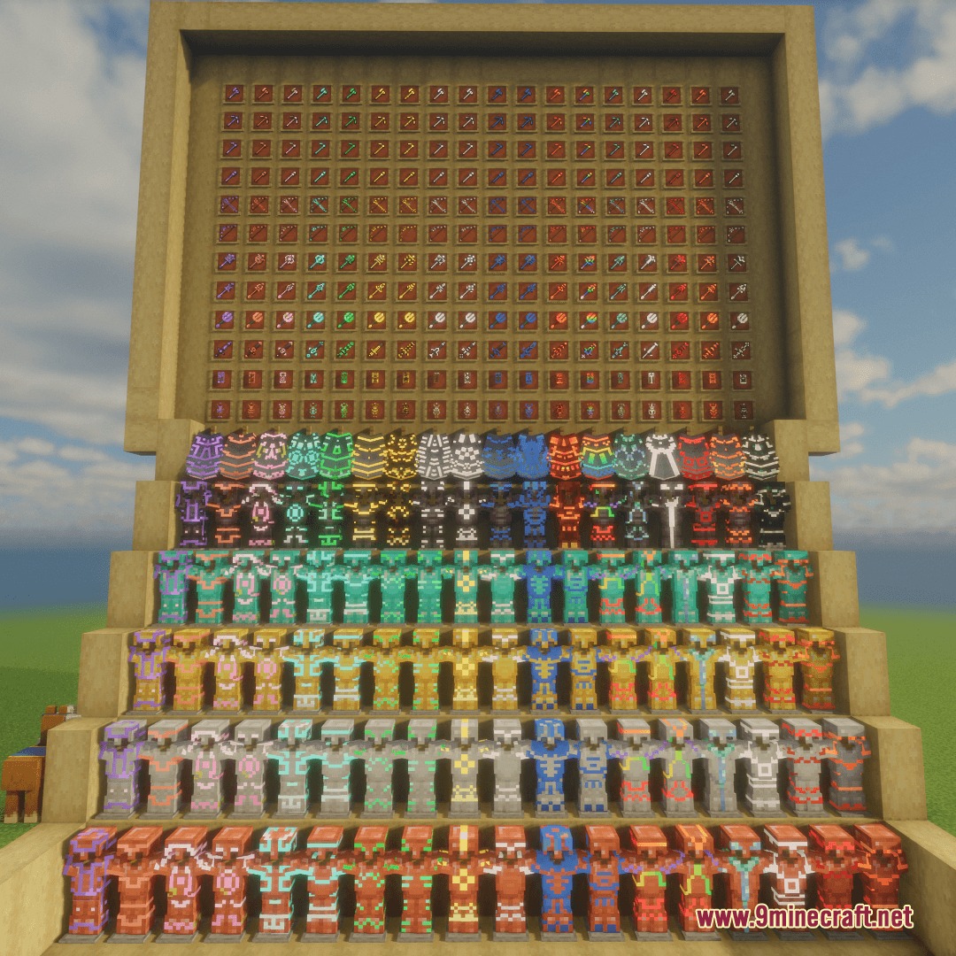 Glowing Trim Ultimate Resource Pack Screenshot 5 A massive display of armor stands and tools featuring colorful glowing trims