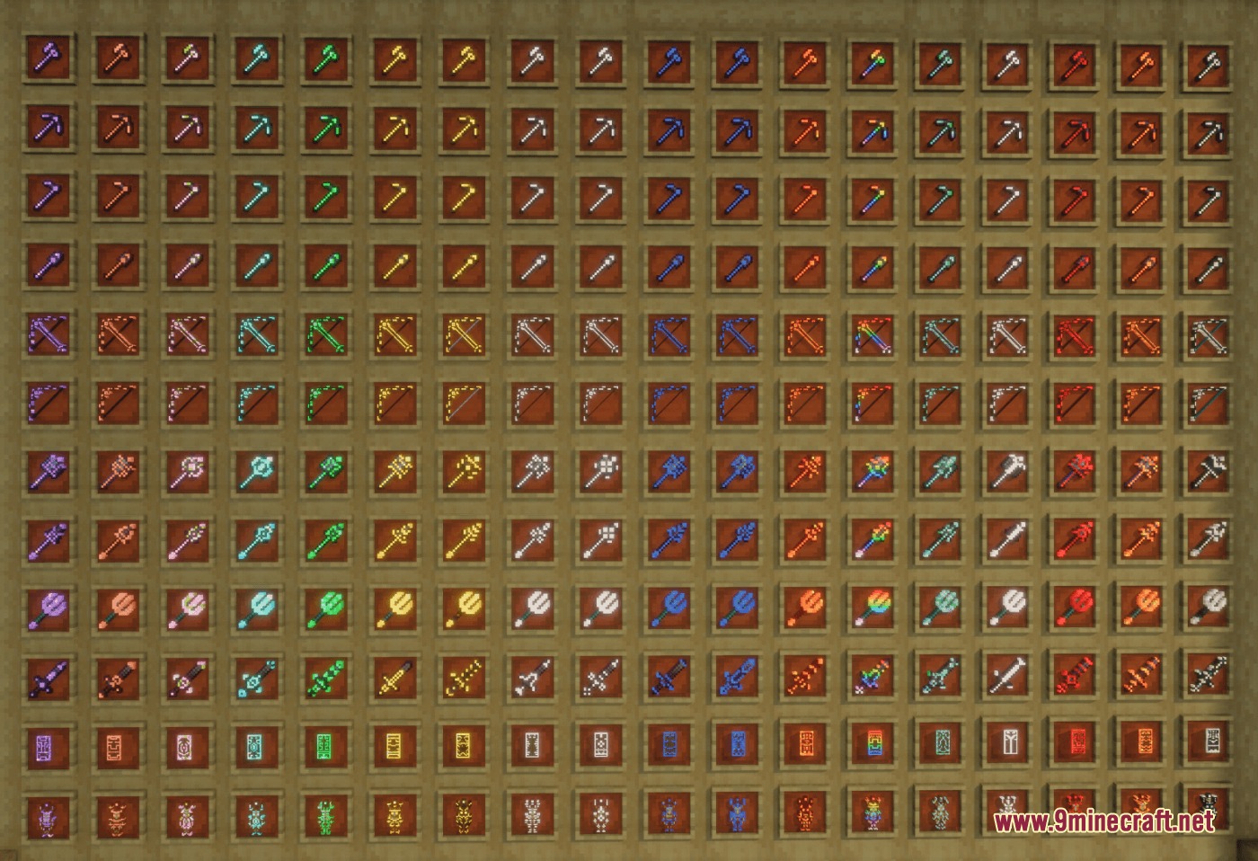 Glowing Trim Ultimate Resource Pack Screenshot 6 Rows of item frames showcasing various tools and weapons with glowing outlines