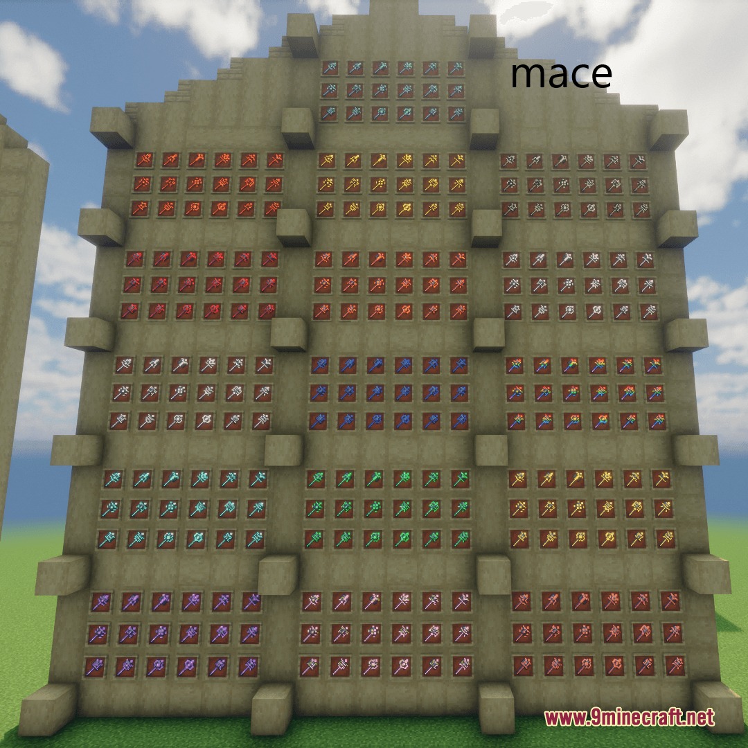 Glowing Trim Ultimate Resource Pack Screenshot 7 A large wall displaying various maces with colorful glowing trims in item frames