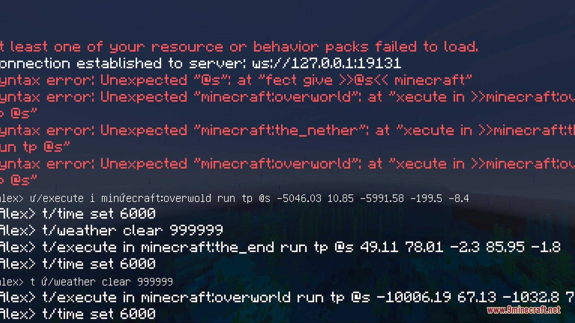 Minecraft chat console showing red syntax error messages and various game commands