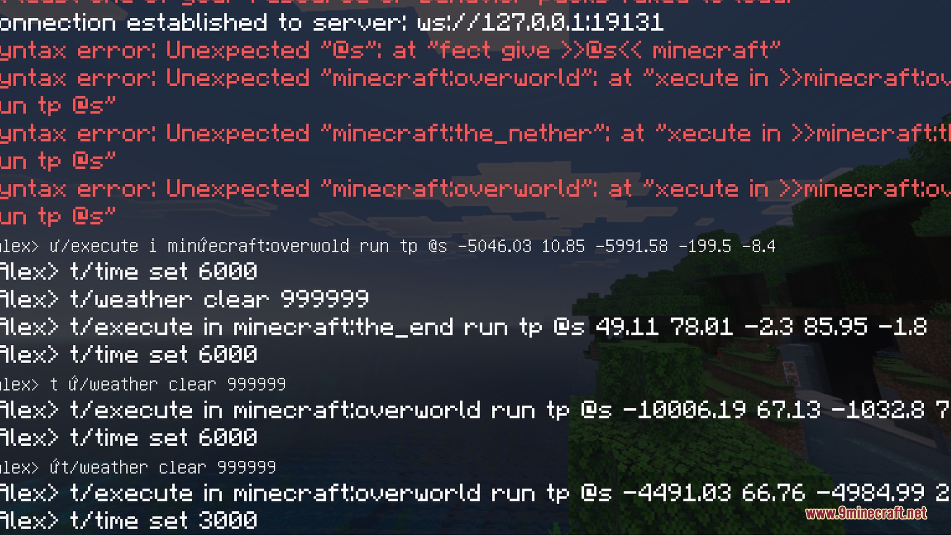 Multiple command logs and syntax errors displayed in the Minecraft chat window
