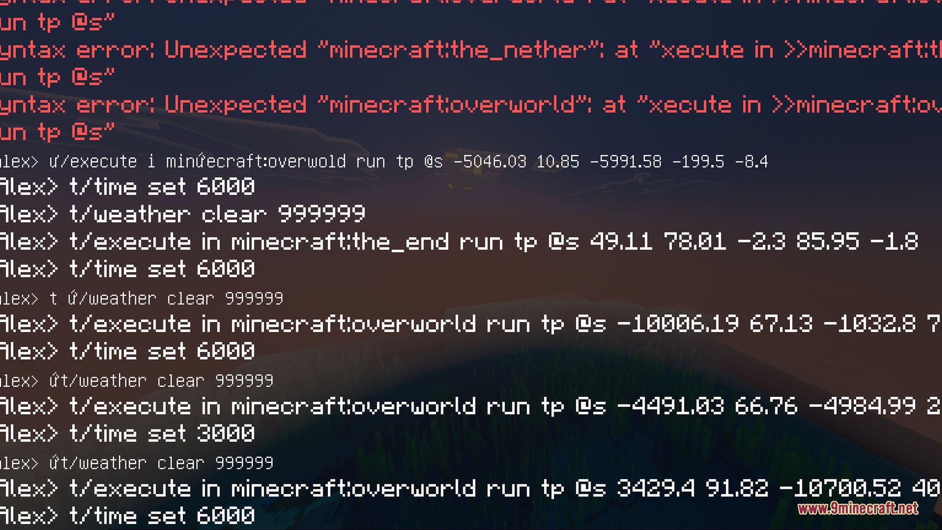 Minecraft chat log showing various teleportation and time set commands on screen