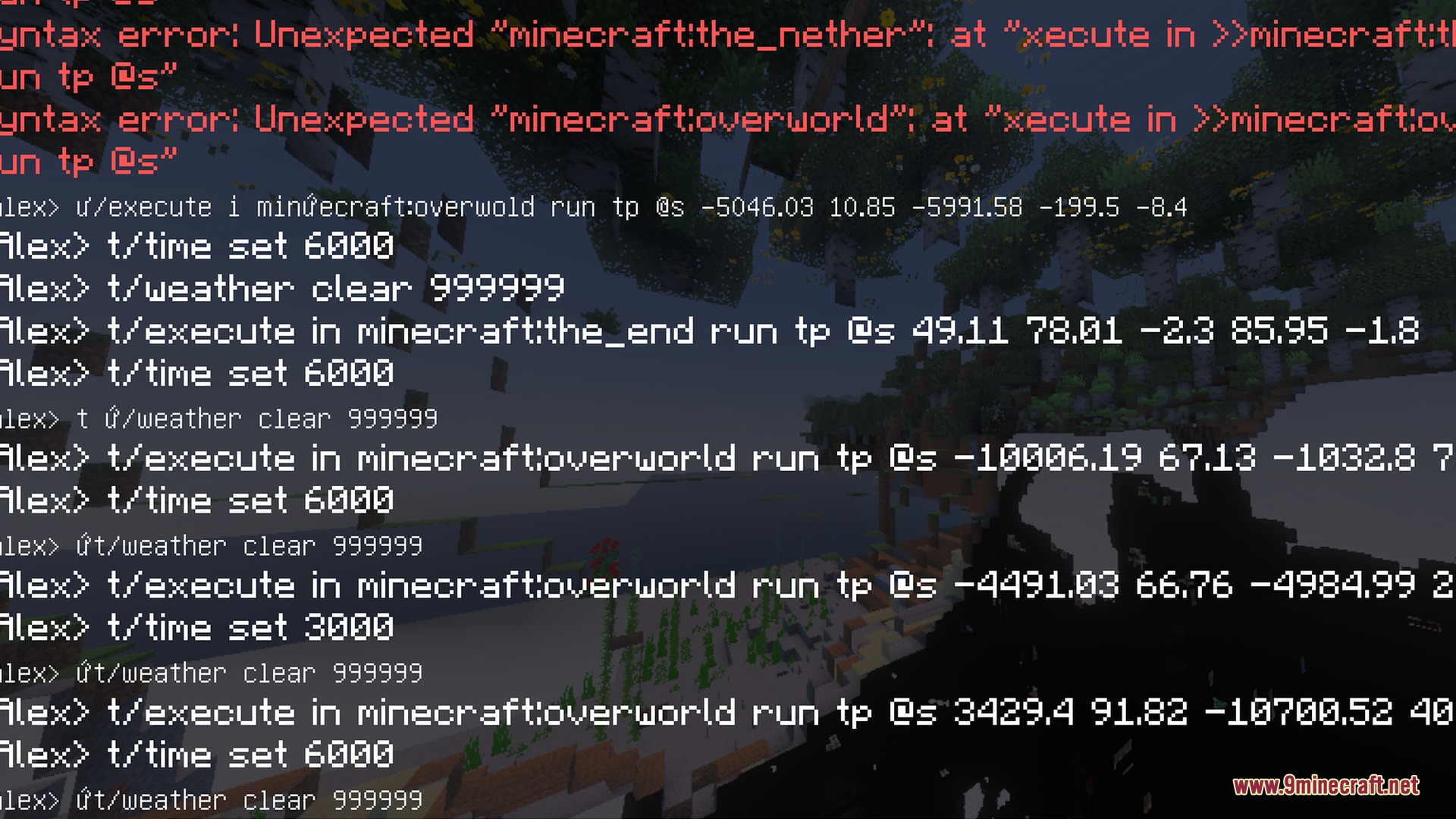 A player executes multiple console commands in the Minecraft chat window interface