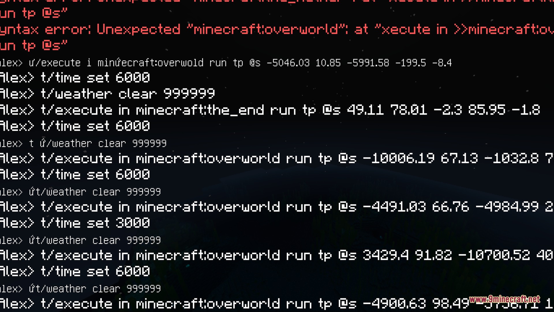 Minecraft chat log showing teleportation commands and a red syntax error message