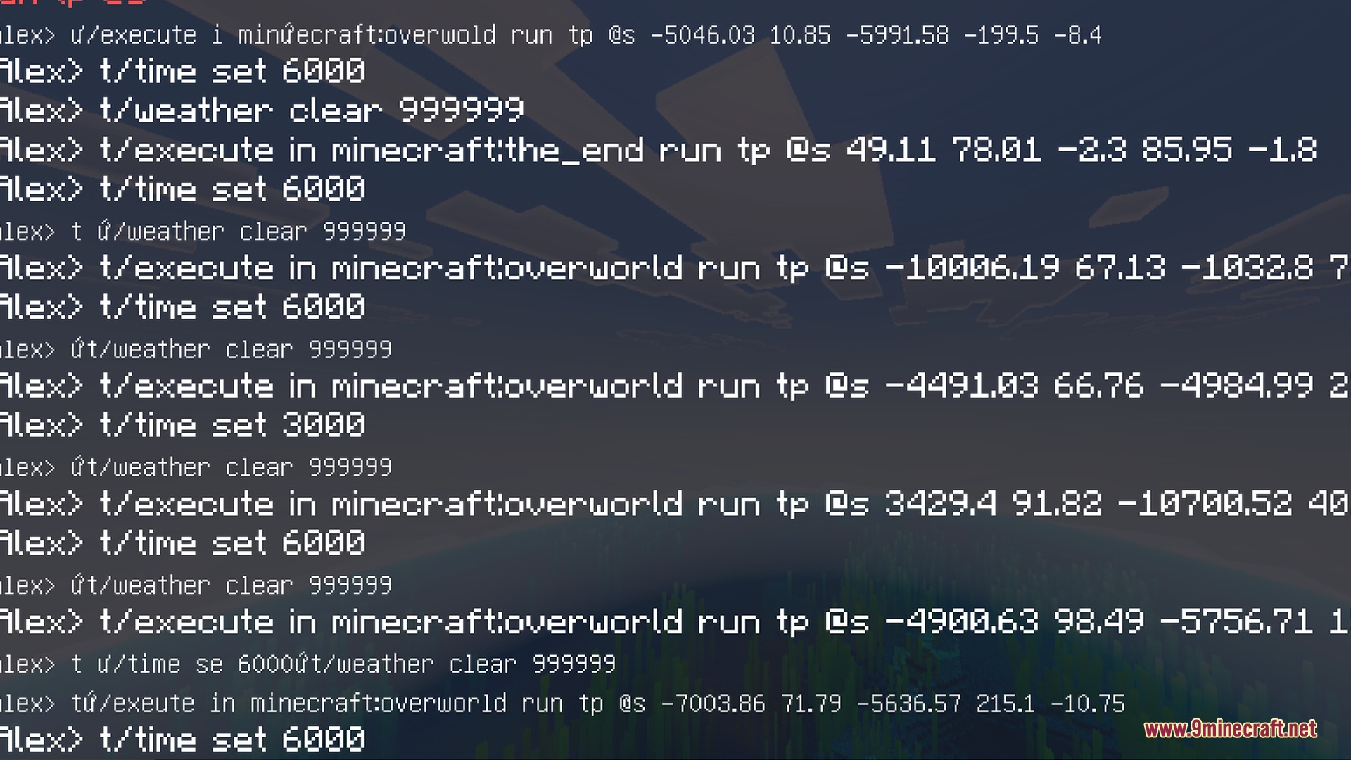 Minecraft chat console displaying a long list of teleportation and time commands
