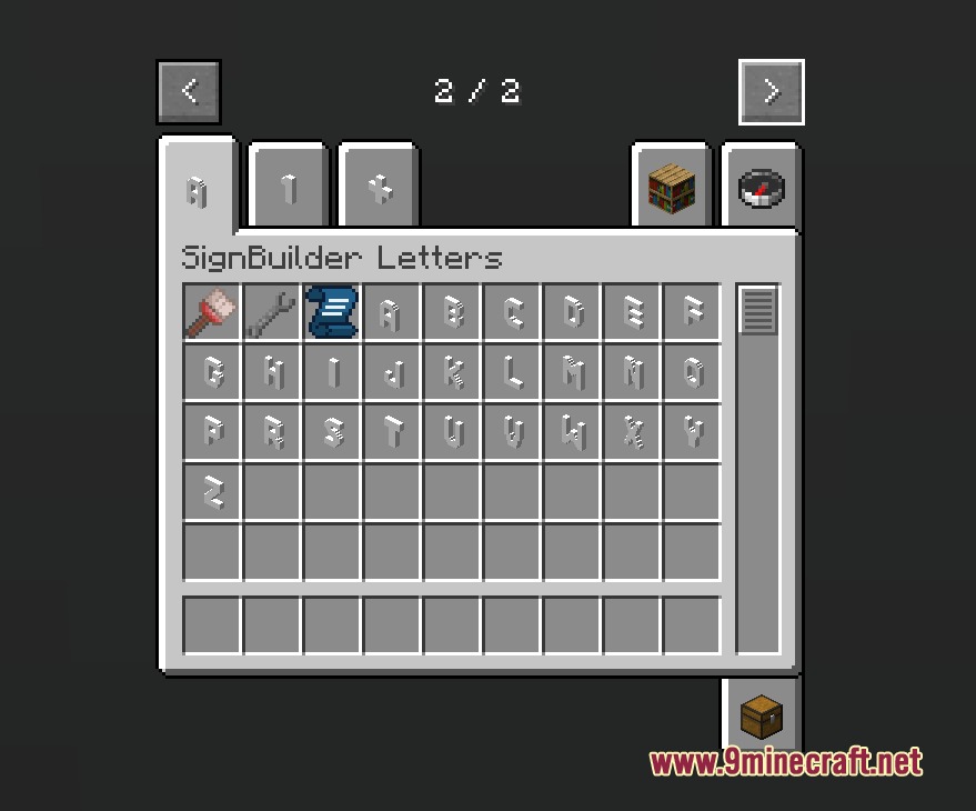 Minecraft menu displaying a collection of alphabet blocks and sign building utility tools