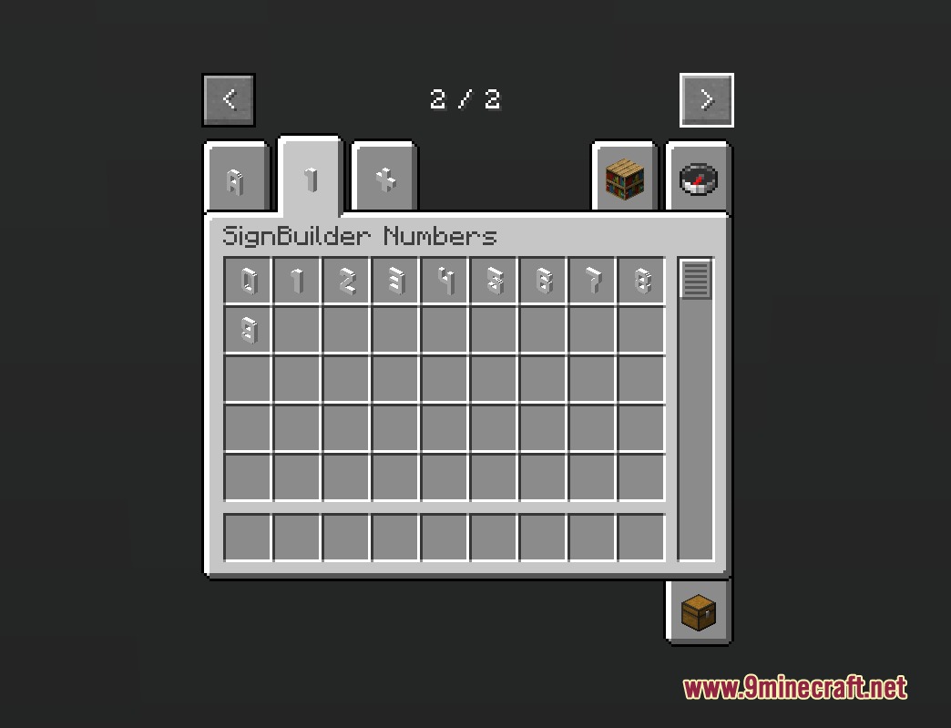 Inventory screen showing numerical blocks from zero to nine for custom sign building