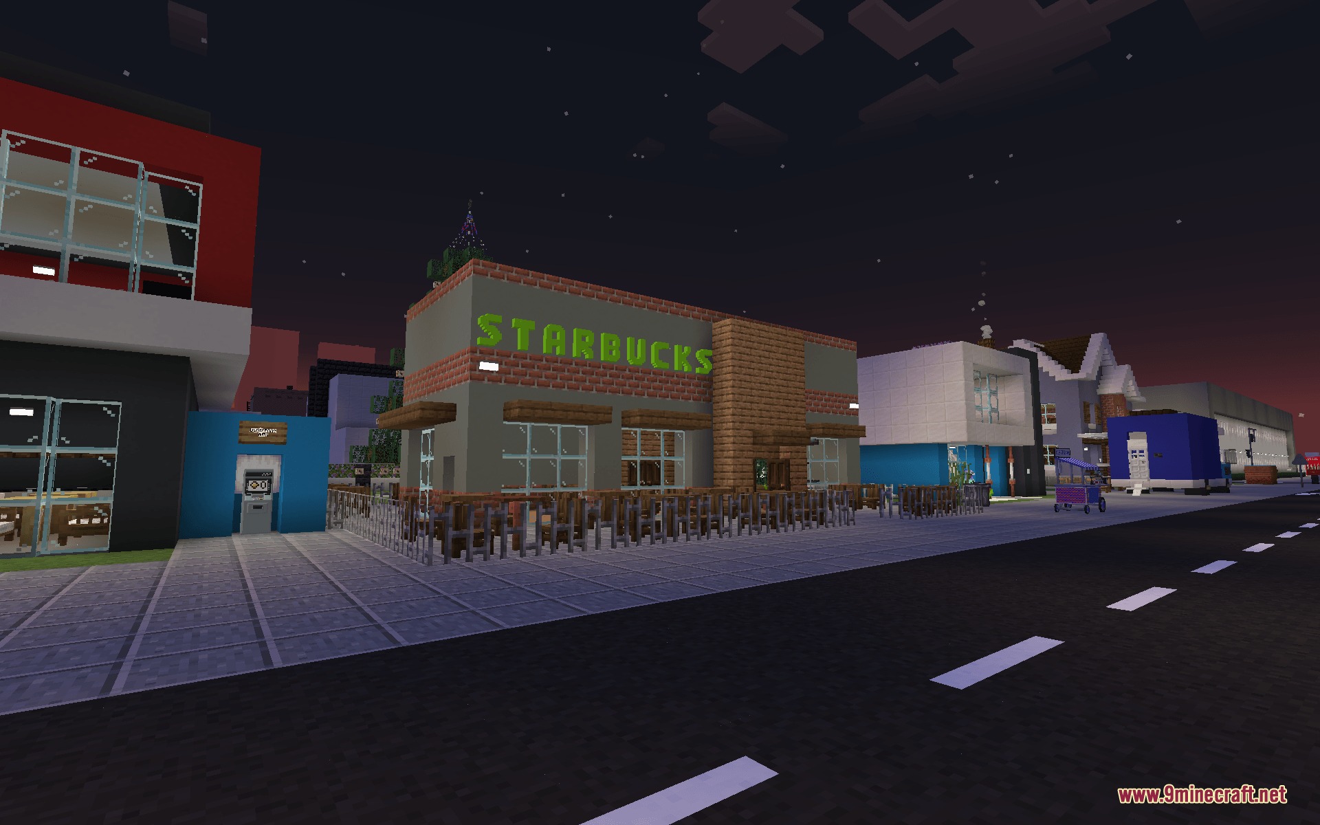 A Starbucks coffee shop built in Minecraft with custom green 3D letters