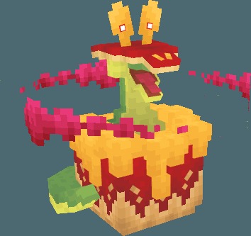 Giant green monster emerging from a red and yellow cake structure