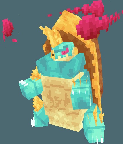 Gigantic blocky turtle creature with a yellow shell and floating red clouds