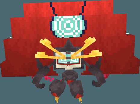 Giant blocky beetle creature with a massive red shell and glowing blue eyes