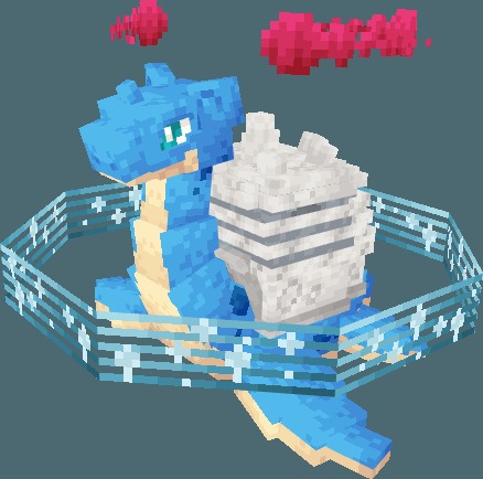 Giant blocky Lapras model surrounded by a glowing blue musical ring