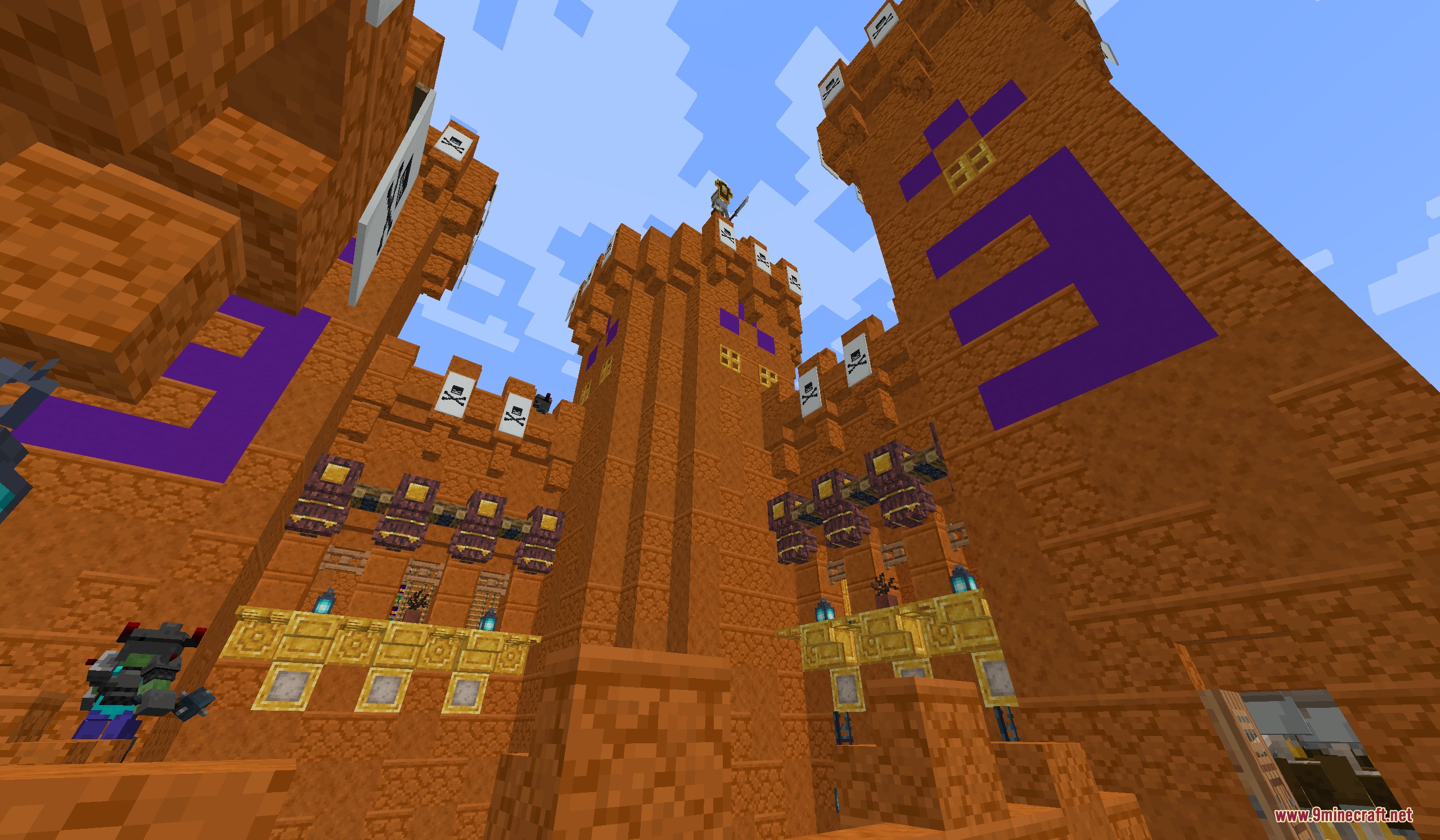 Goety Awaken Mod Screenshot 2 Tall orange towers decorated with purple banners and skull flags in Minecraft