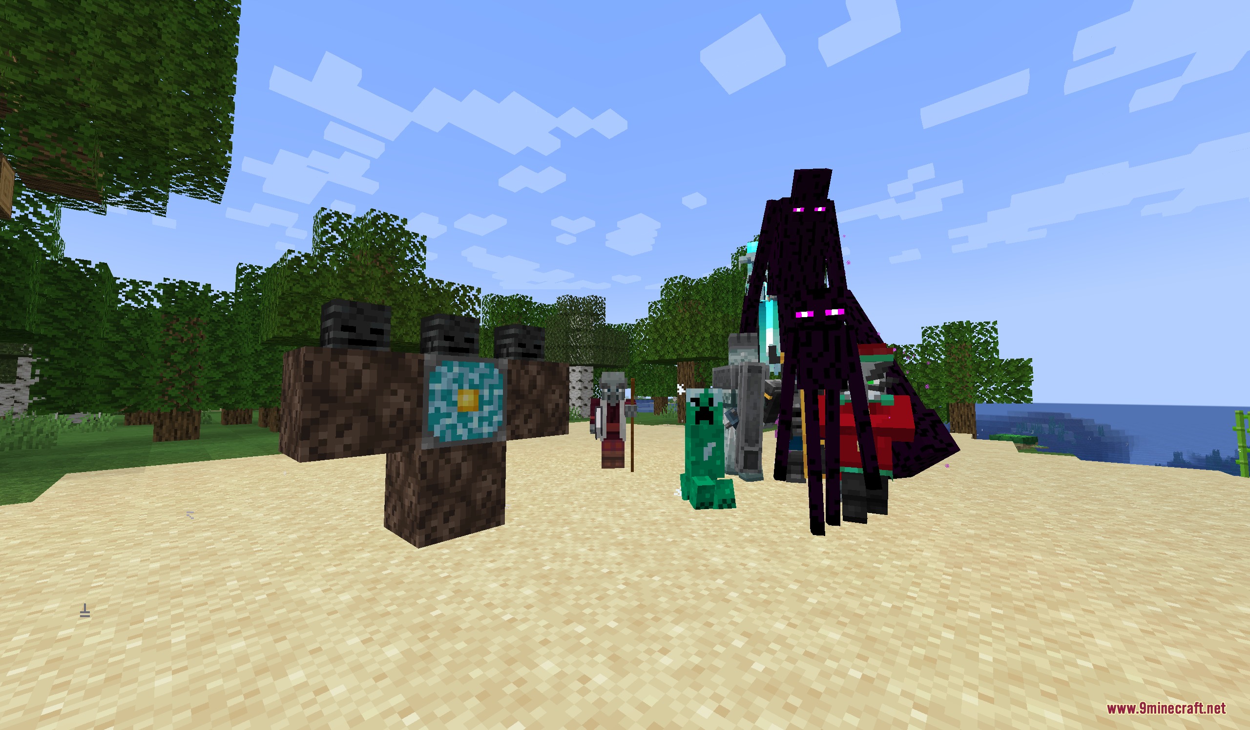 Goety Awaken Mod Screenshot 3 A group of custom mobs and a soul sand structure on a beach
