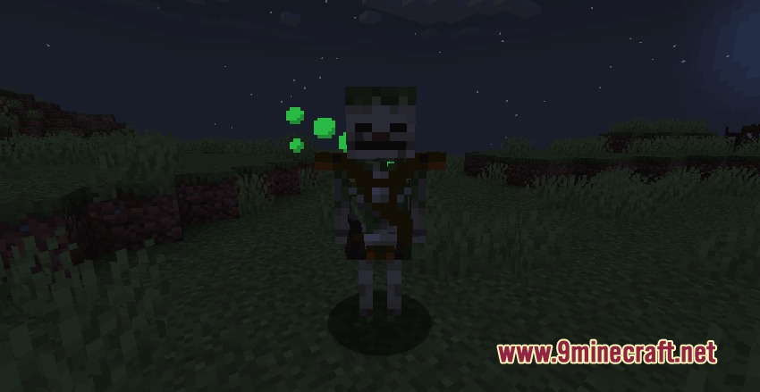 Goety Summons Resource Pack Screenshot 1 A skeleton wearing a brown harness stands in a field at night