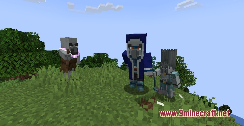 Goety Summons Resource Pack Screenshot 2 Three illager minions with unique outfits stand on a grassy hill