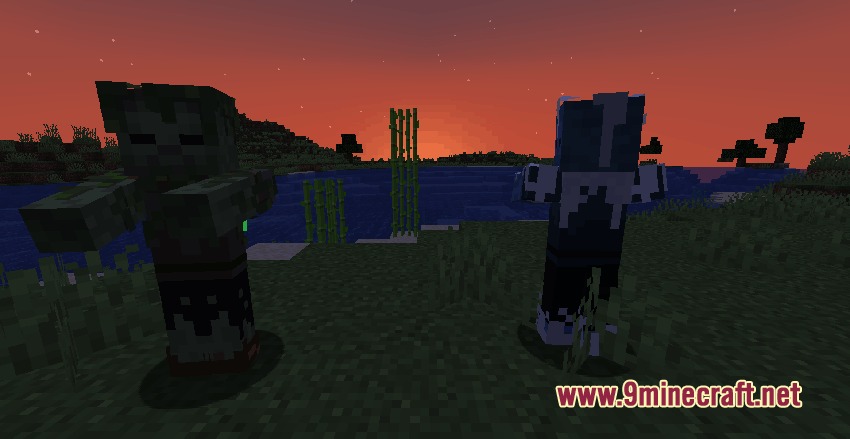 Goety Summons Resource Pack Screenshot 3 Jungle and frozen zombies stand in a field during a Minecraft sunset