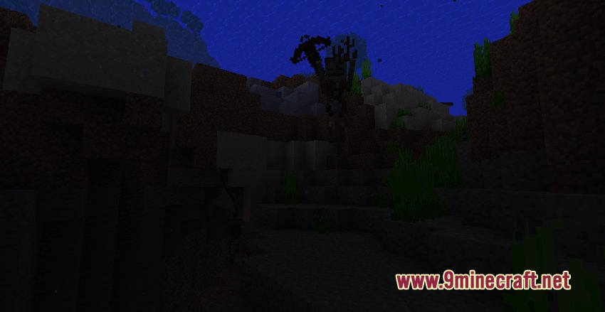 Goety Summons Resource Pack Screenshot 4 A sunken skeleton holding a crossbow stands in a dark underwater biome