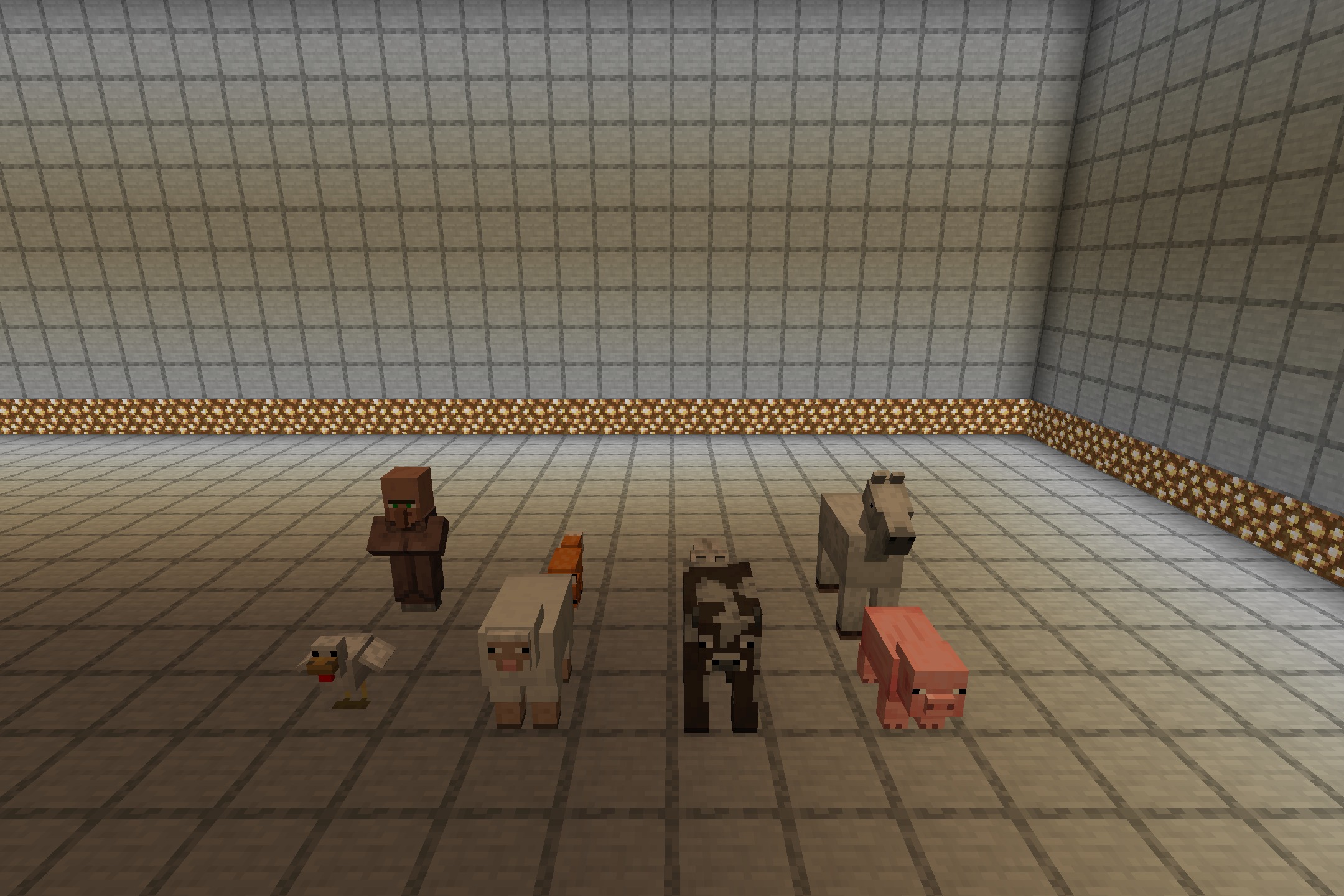 Golem Girl Resource Pack Screenshot 1 A group of various Minecraft mobs standing in a large tiled room