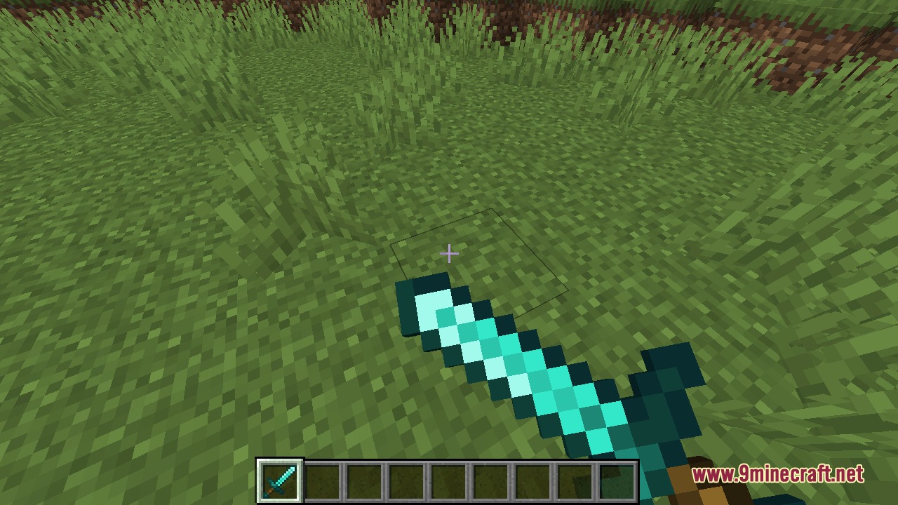 A player holding a diamond sword in first person view on grass