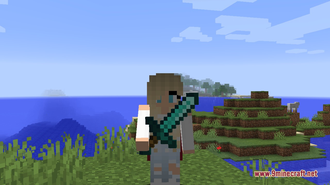 A Minecraft character performing the classic sword blocking animation in a field