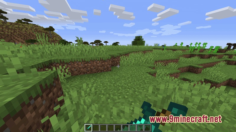 Player holding a diamond sword with classic blockhitting animations in a field