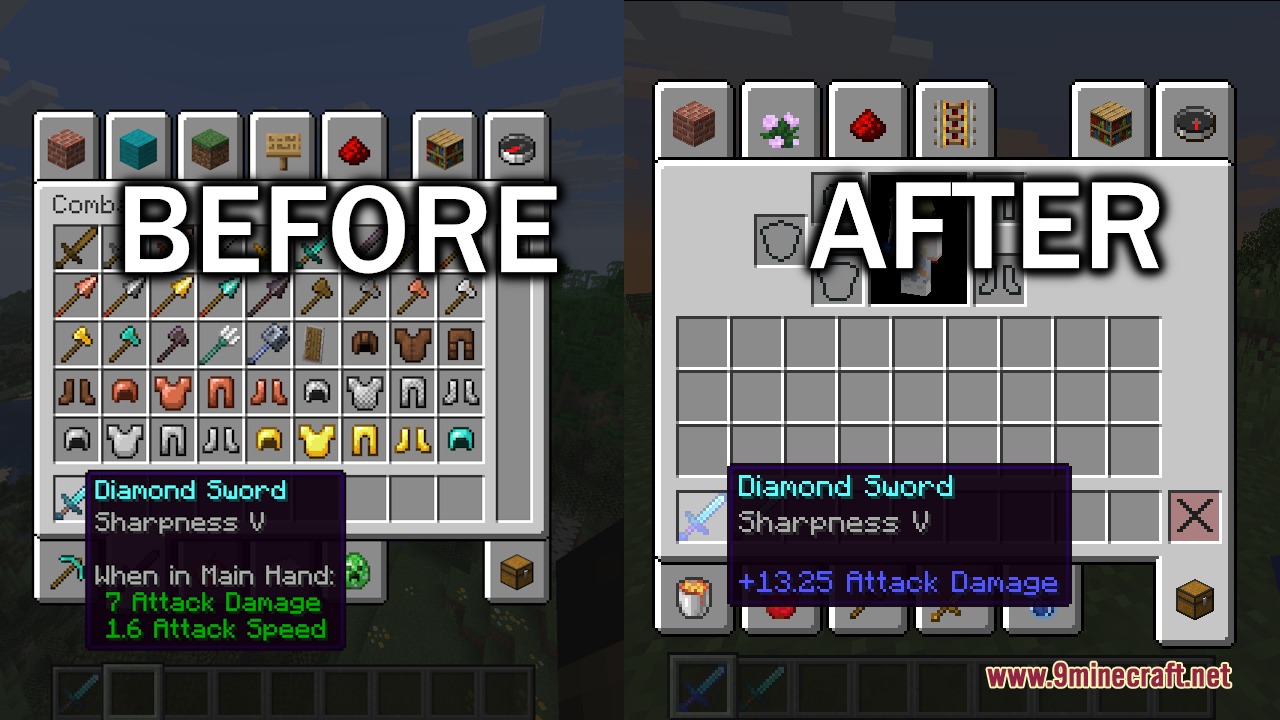 Inventory comparison showing classic attack damage values and removed cooldown