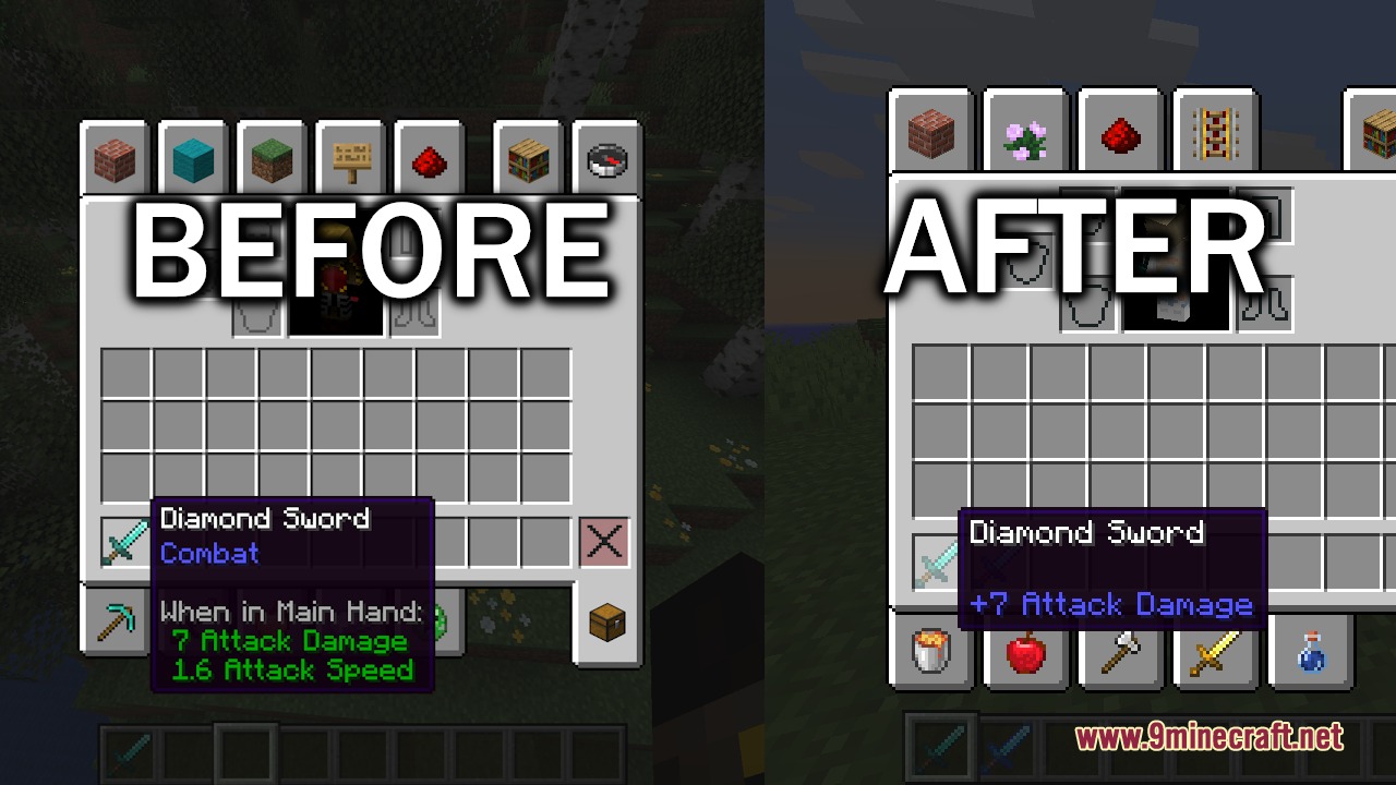 Comparison of inventory tooltips showing the removal of weapon attack speed in Minecraft