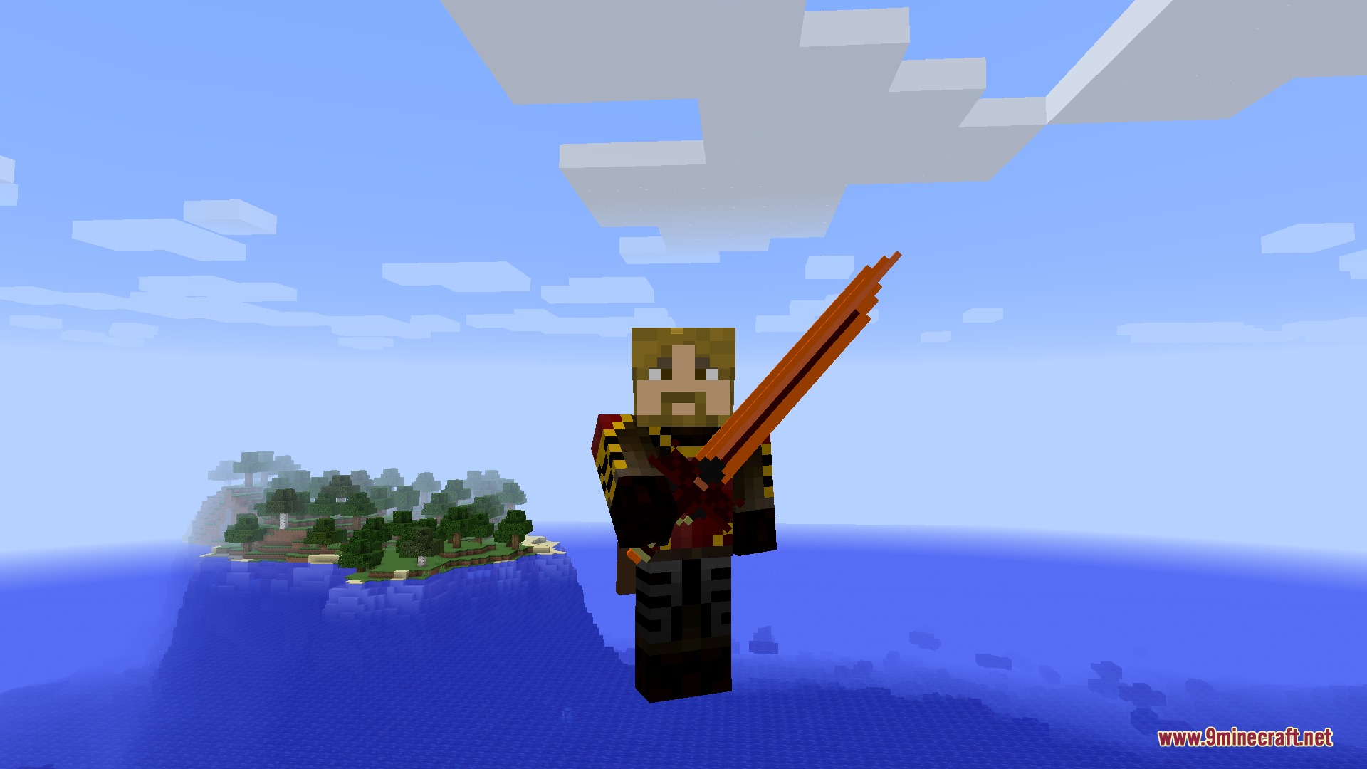 A Minecraft character holding a large sword while showcasing classic third person animations