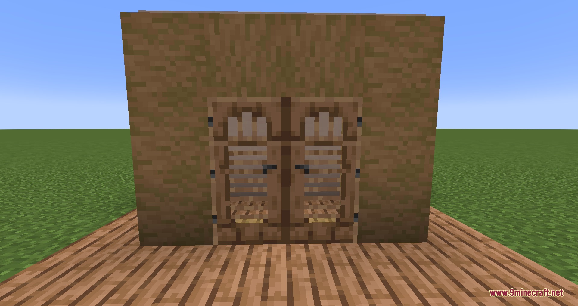Gothiclily's Doors Resource Pack Screenshot 2 Two intricate wooden doors with lattice patterns set into a brown block wall