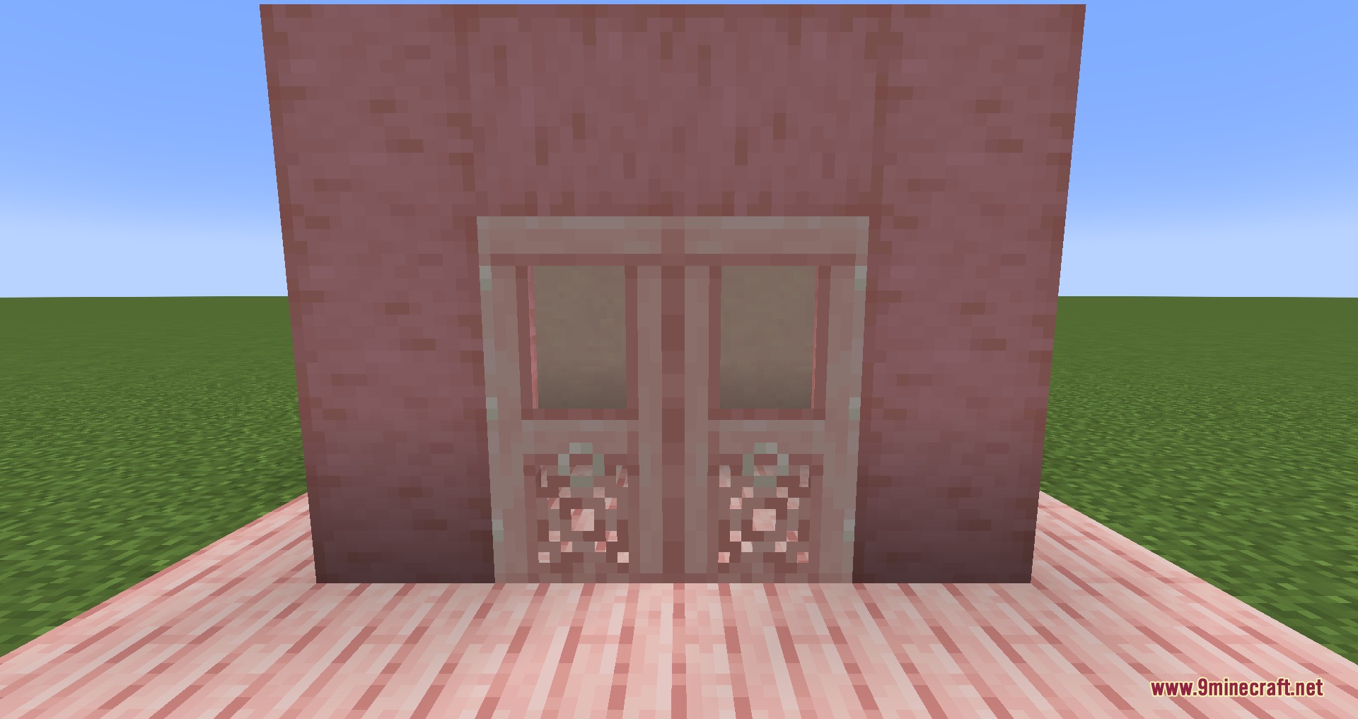 Gothiclily's Doors Resource Pack Screenshot 4 Two cherry wood doors with square windows and decorative patterns in a wall