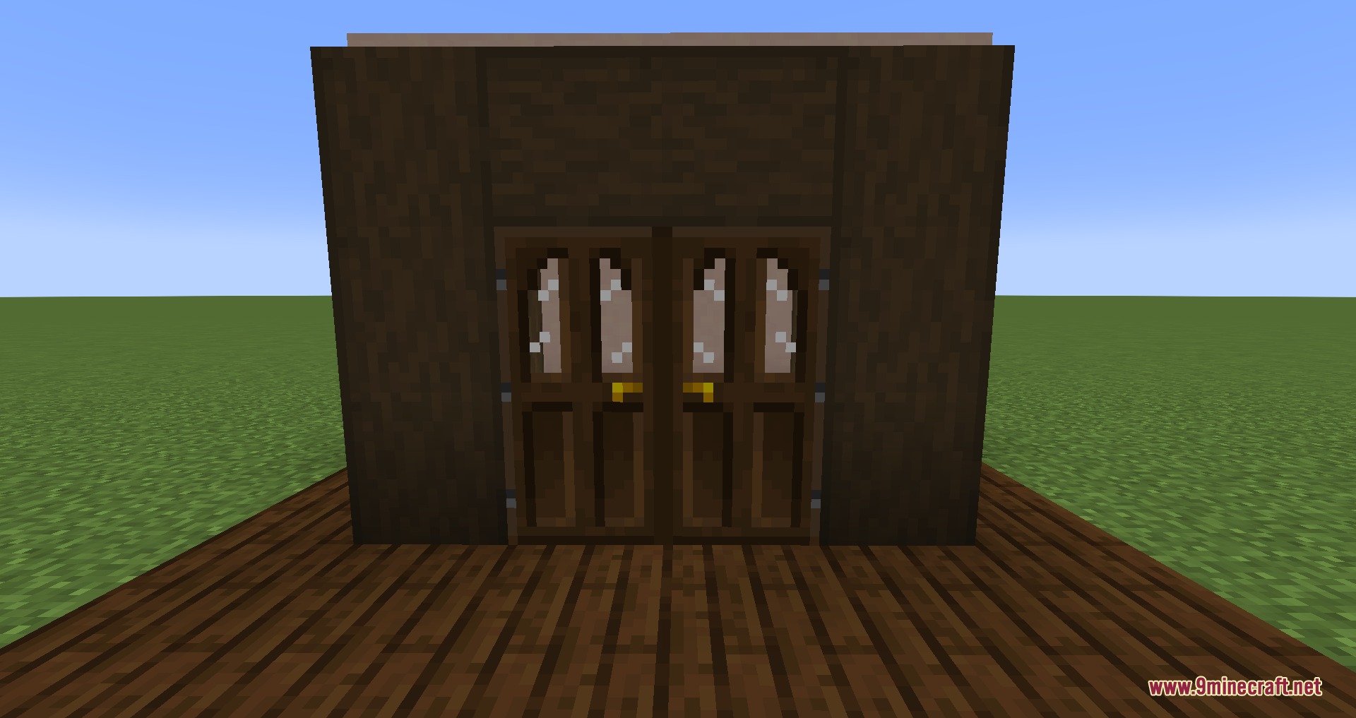 Gothiclily's Doors Resource Pack Screenshot 5 Dark oak doors with glass panes set in a dark wooden wall