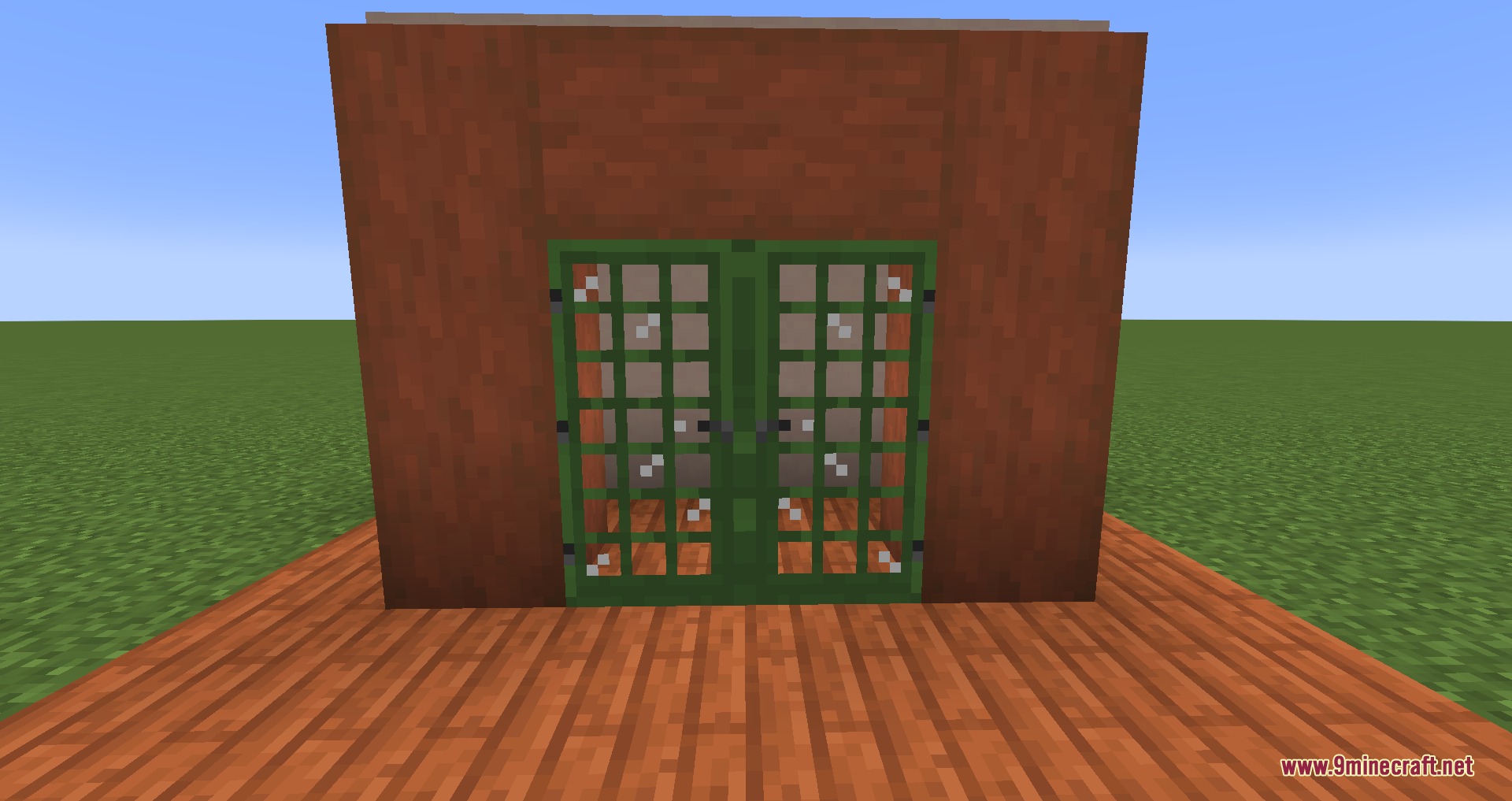 Gothiclily's Doors Resource Pack Screenshot 6 Green wooden doors with glass window panes in a reddish wooden wall