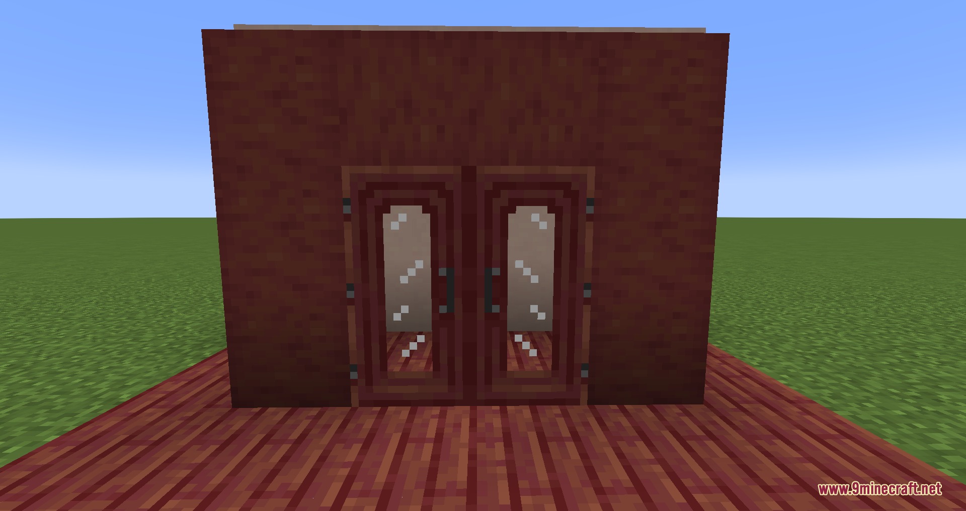 Gothiclily's Doors Resource Pack Screenshot 7 Two dark brown wooden doors with glass panes in a matching wooden wall