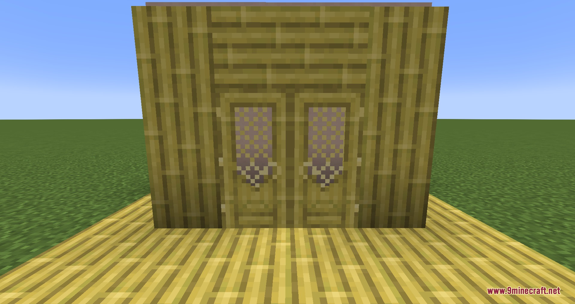 Gothiclily's Doors Resource Pack Screenshot 8 Two light yellow bamboo doors with decorative lattice patterns in a bamboo wall