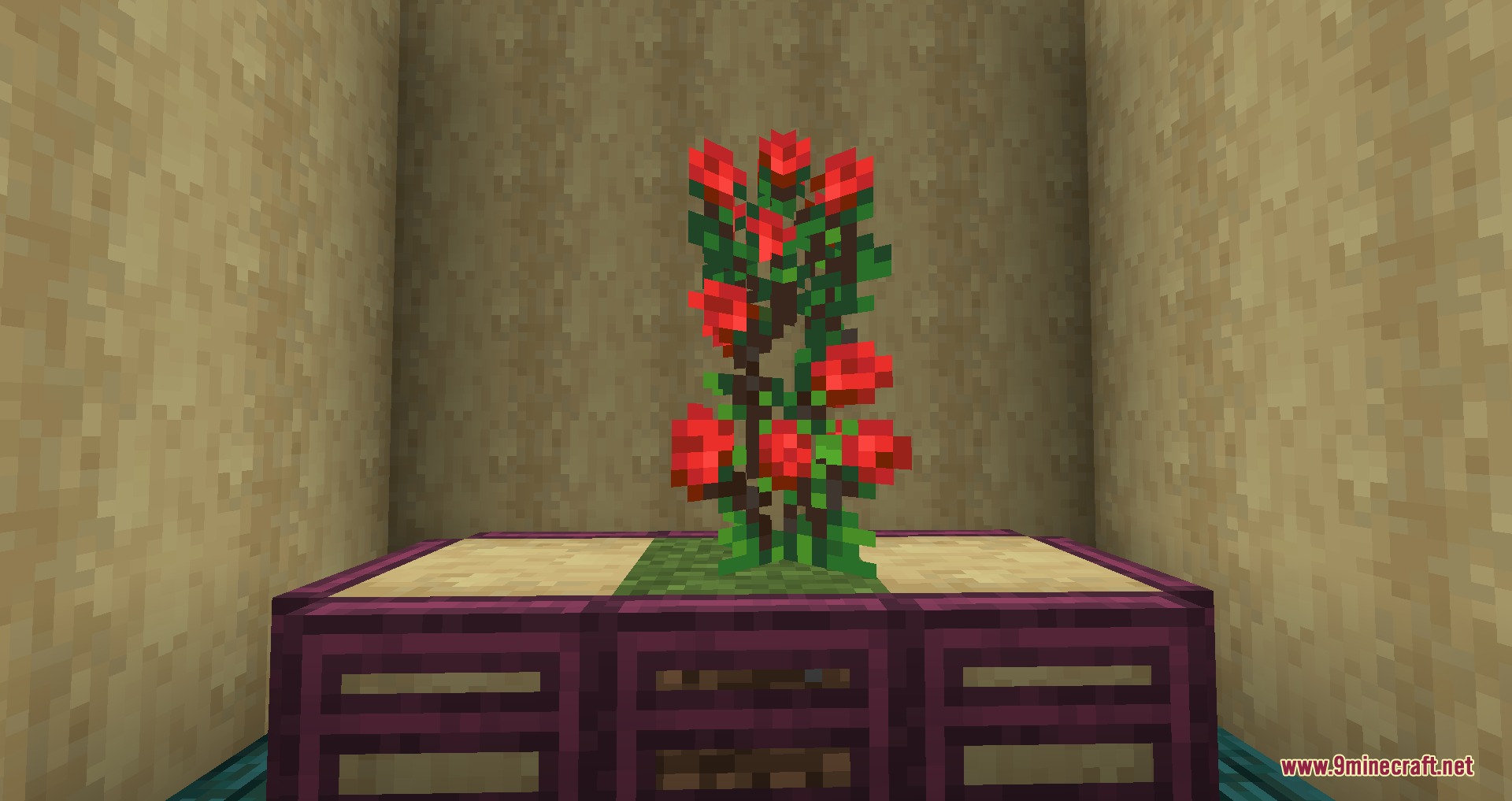 Gothiclily's Flower Pack Resource Pack Screenshot 1 A tall red rose bush stands on a mossy purple wooden table